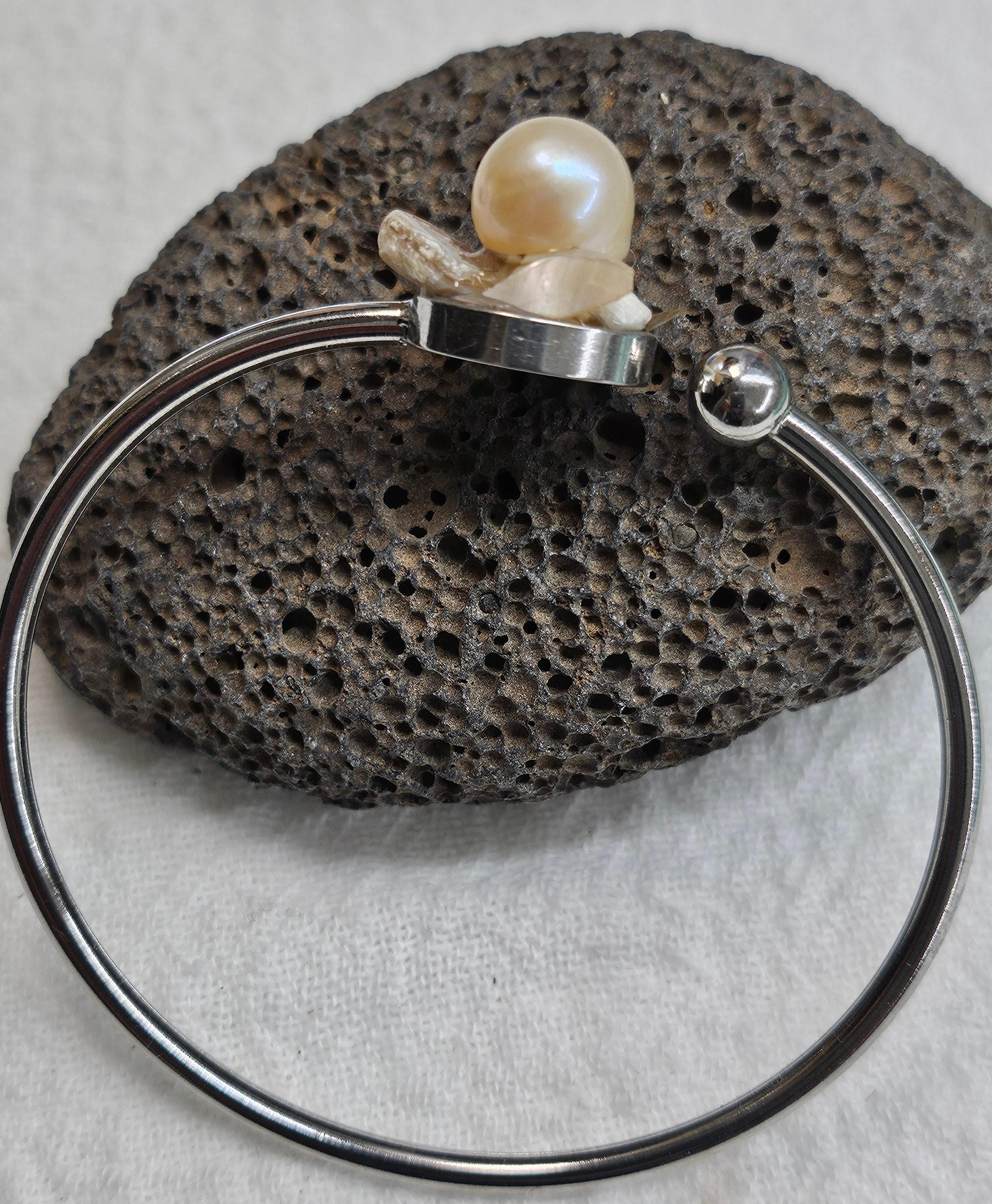 Fresh Water Pearl Bangle Bracelet Rustic Boho Handmade Jewelry Gift for Her Unique Steel  Glass Design FREE Shipping Included