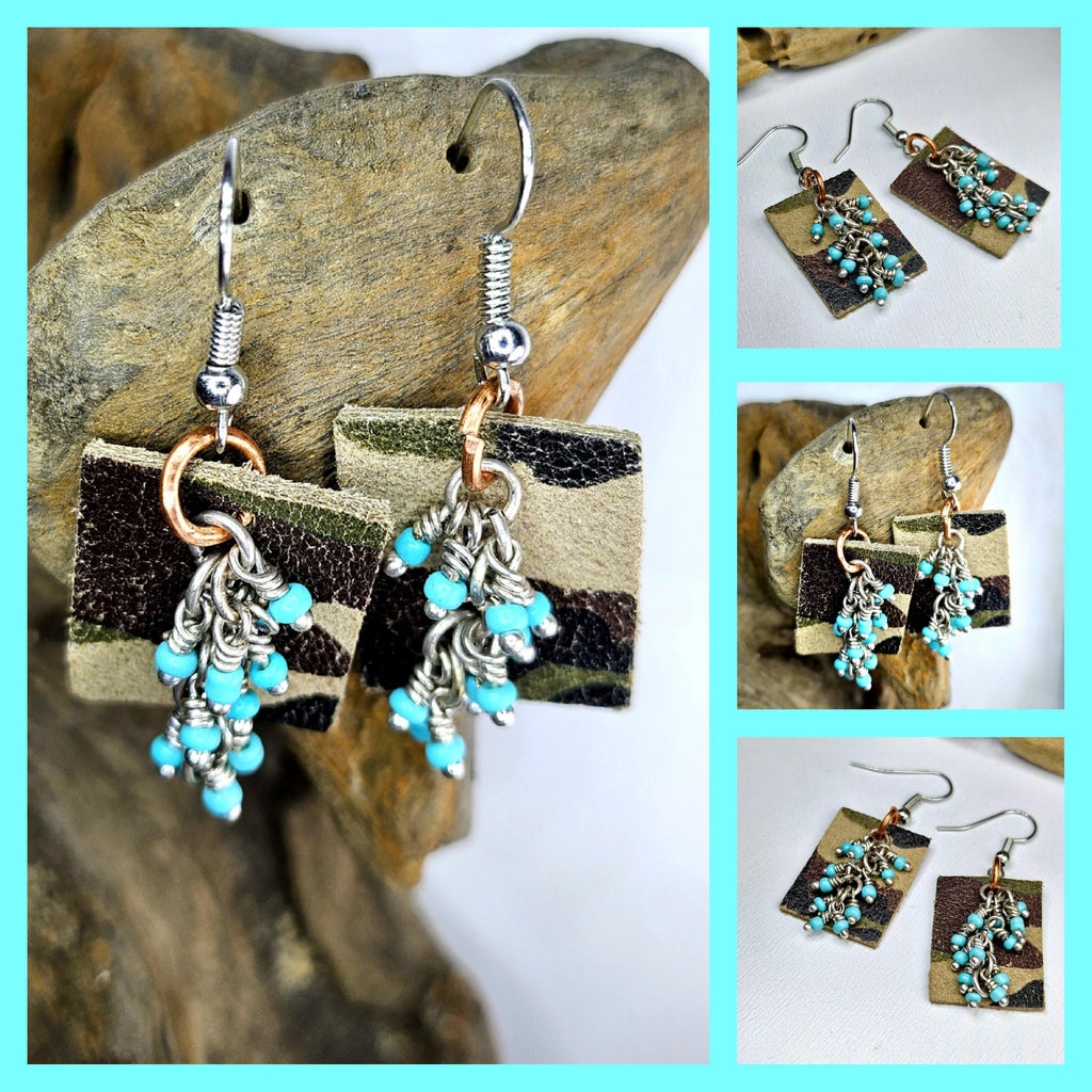 Handcut Camouflage Leather  Turquoise Earrings with Comfortable Stainless Steel Hooks for Nature Lovers