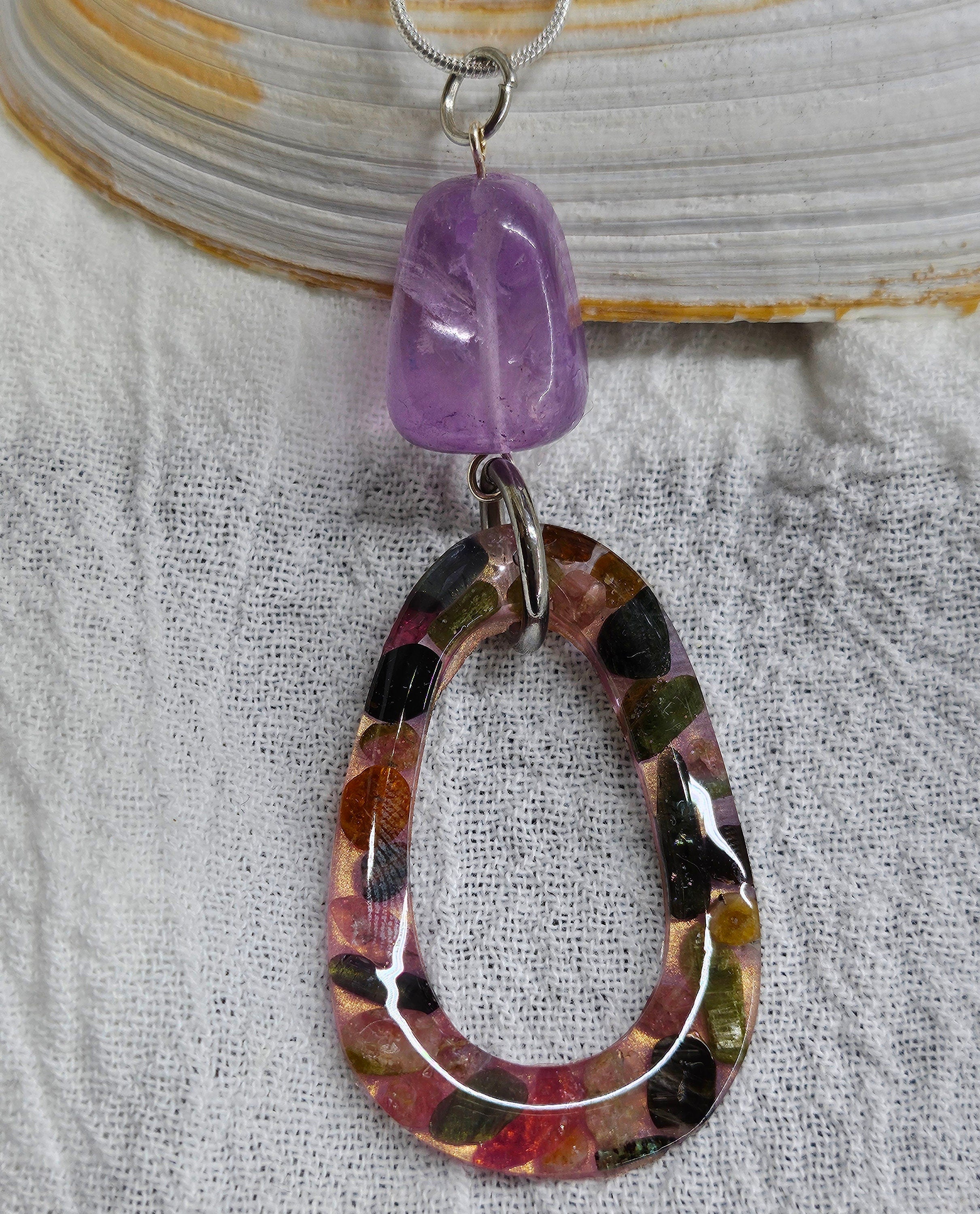 Unique Tourmaline  Amethyst Nugget Pendant on Durable Stainless Steel Chain for Everyday Elegance and Style