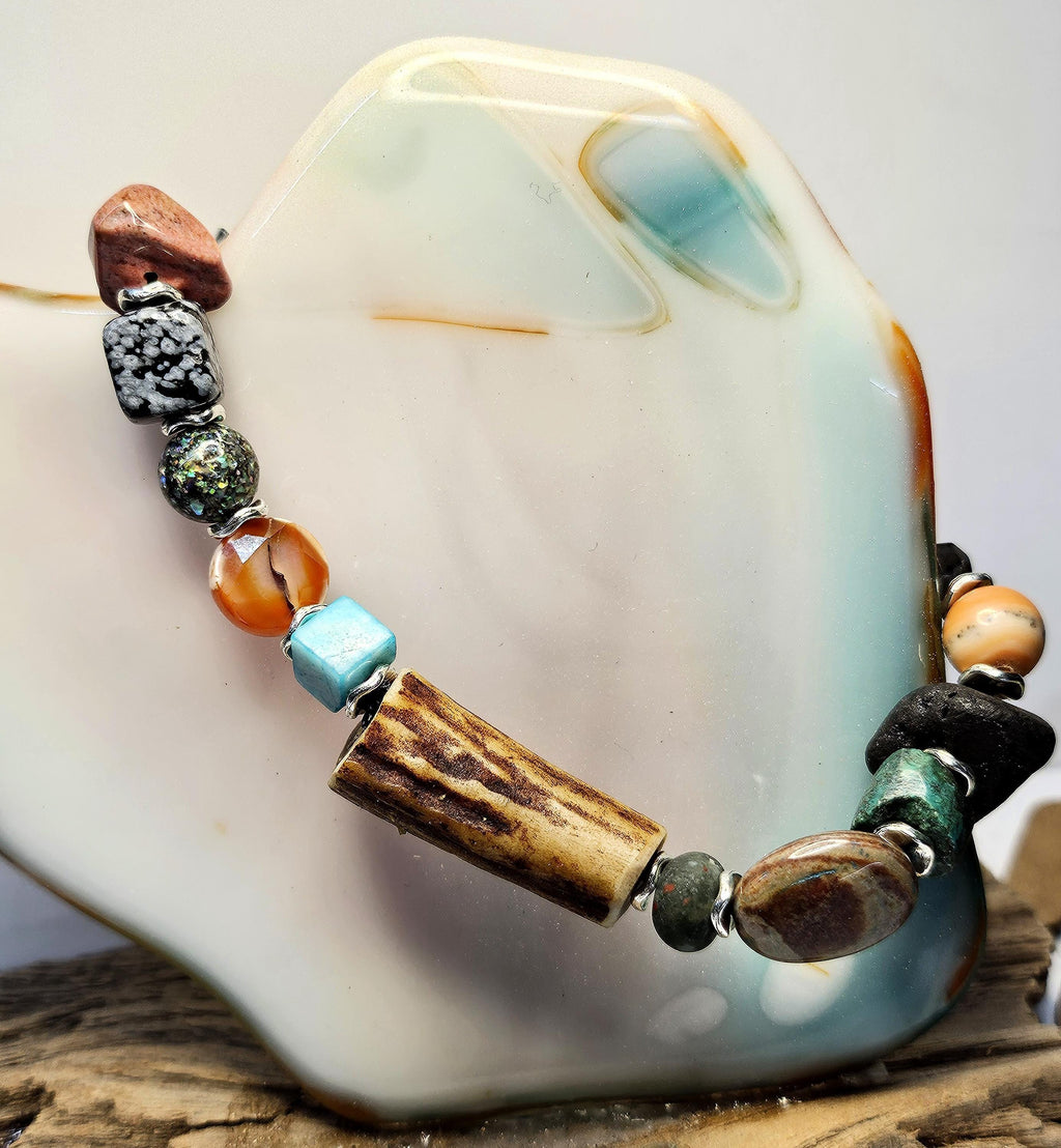 Multi-Gem Stone  Ceramic Deer Antler Bracelet Rustic Boho Handmade Jewelry Gift for Her Unique Nature-Inspired Accessory with Free Shipping