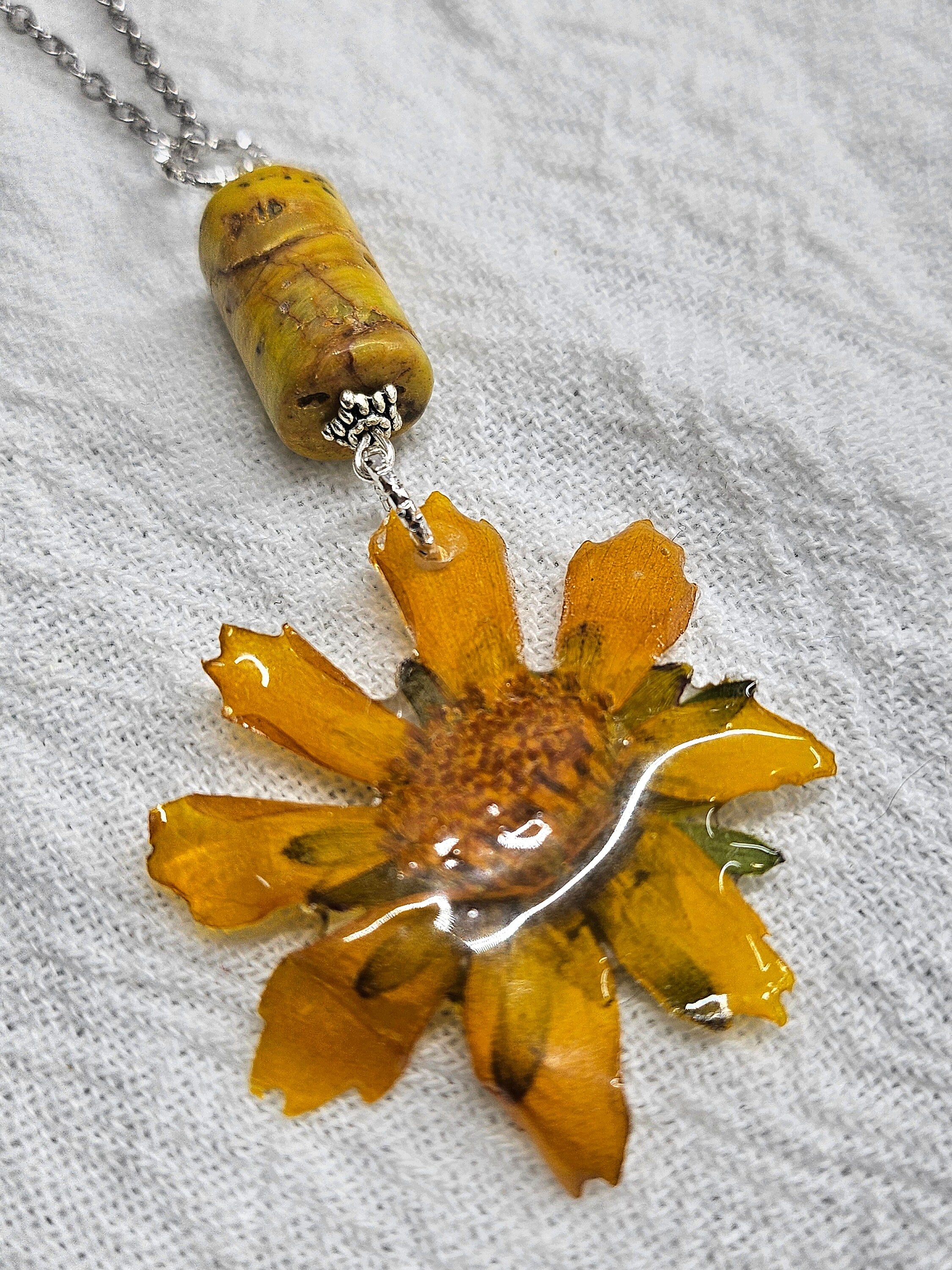Sneezeweed Flower  Yellow Crazy Lace Agate Pendant on Stainless Steel Chain - Whimsical Nature-Inspired Jewelry for Flower Children