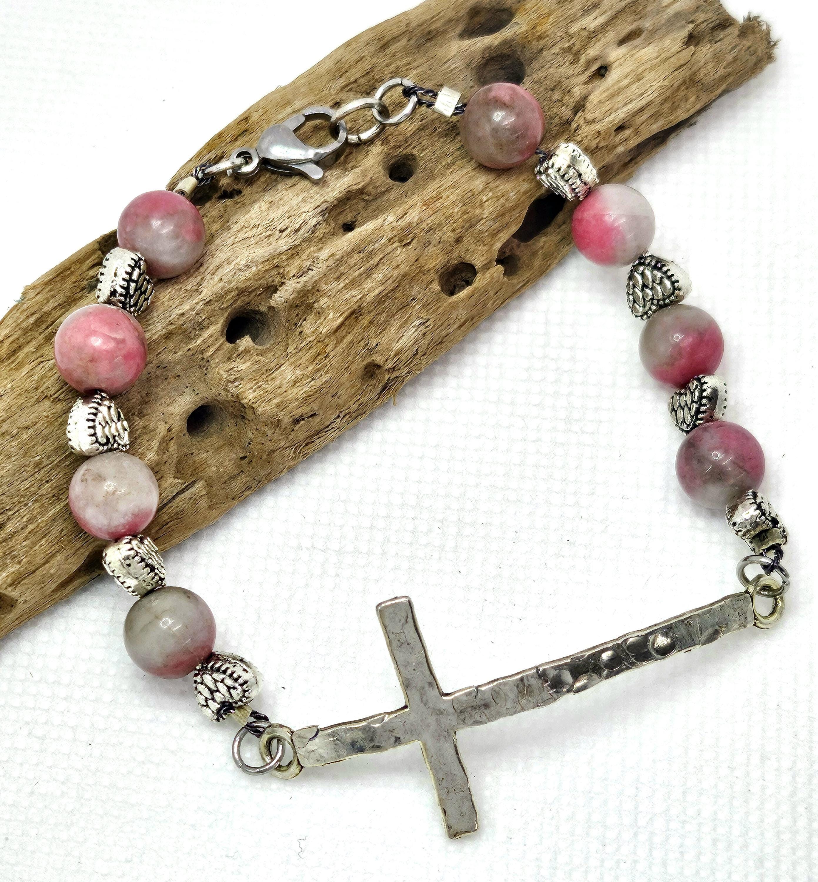 Rhodonite  Heart Charm Bracelet  Handmade Rustic Boho Jewelry Gift for Her  Free Shipping Everyday Wear Unique Accessory