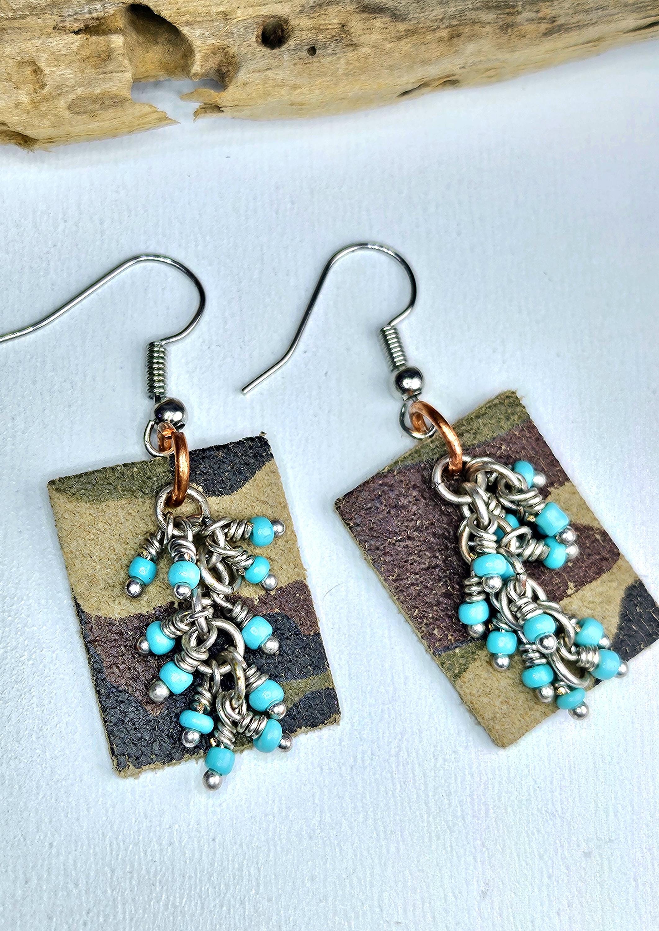 Handcut Camouflage Leather  Turquoise Earrings with Comfortable Stainless Steel Hooks for Nature Lovers