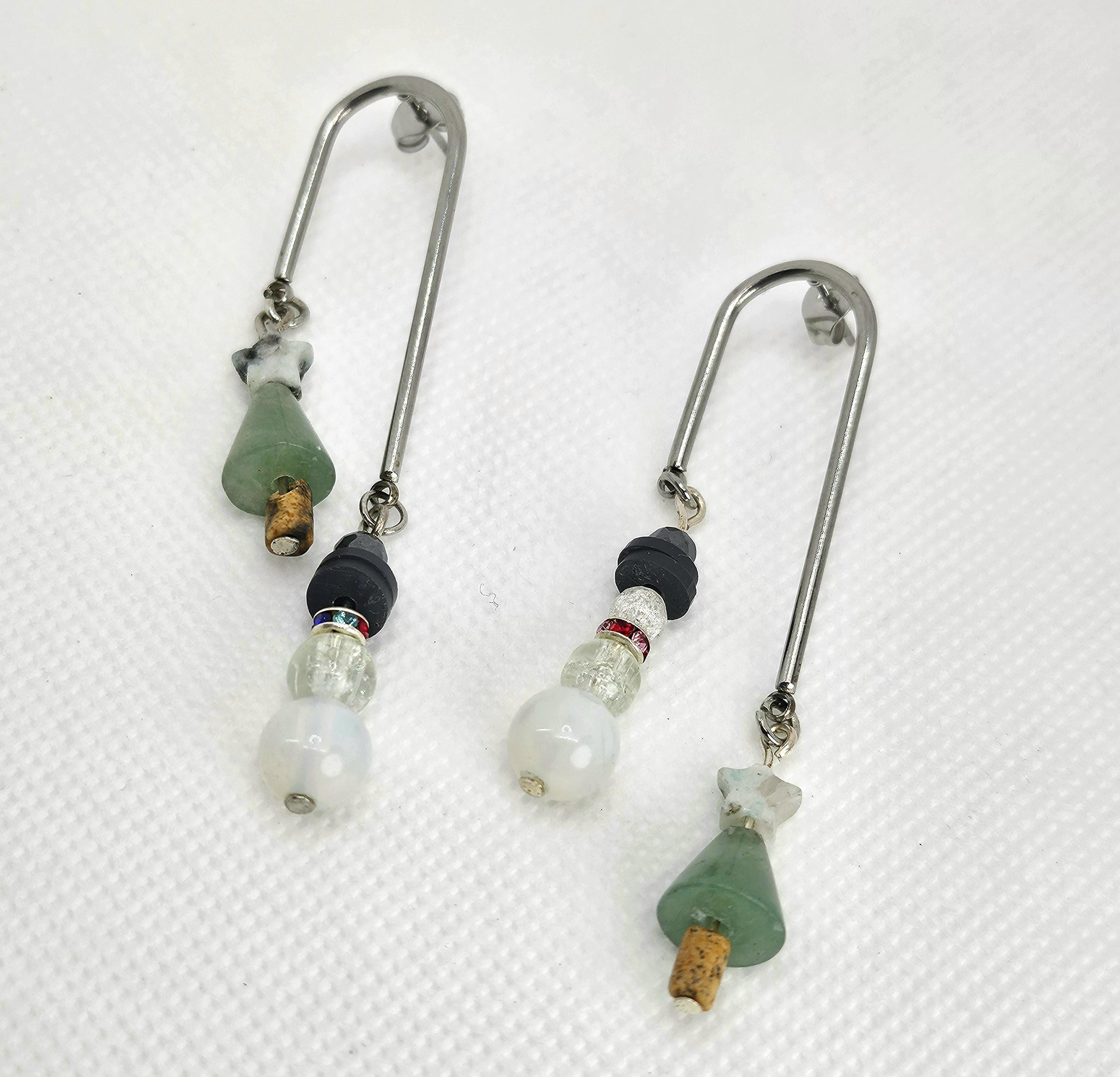 Green Aventurine & Mother of Pearl Christmas Earrings Rustic Boho Handmade Jewelry Gift for Her Free Shipping | Rustic Boho Jewelry #370