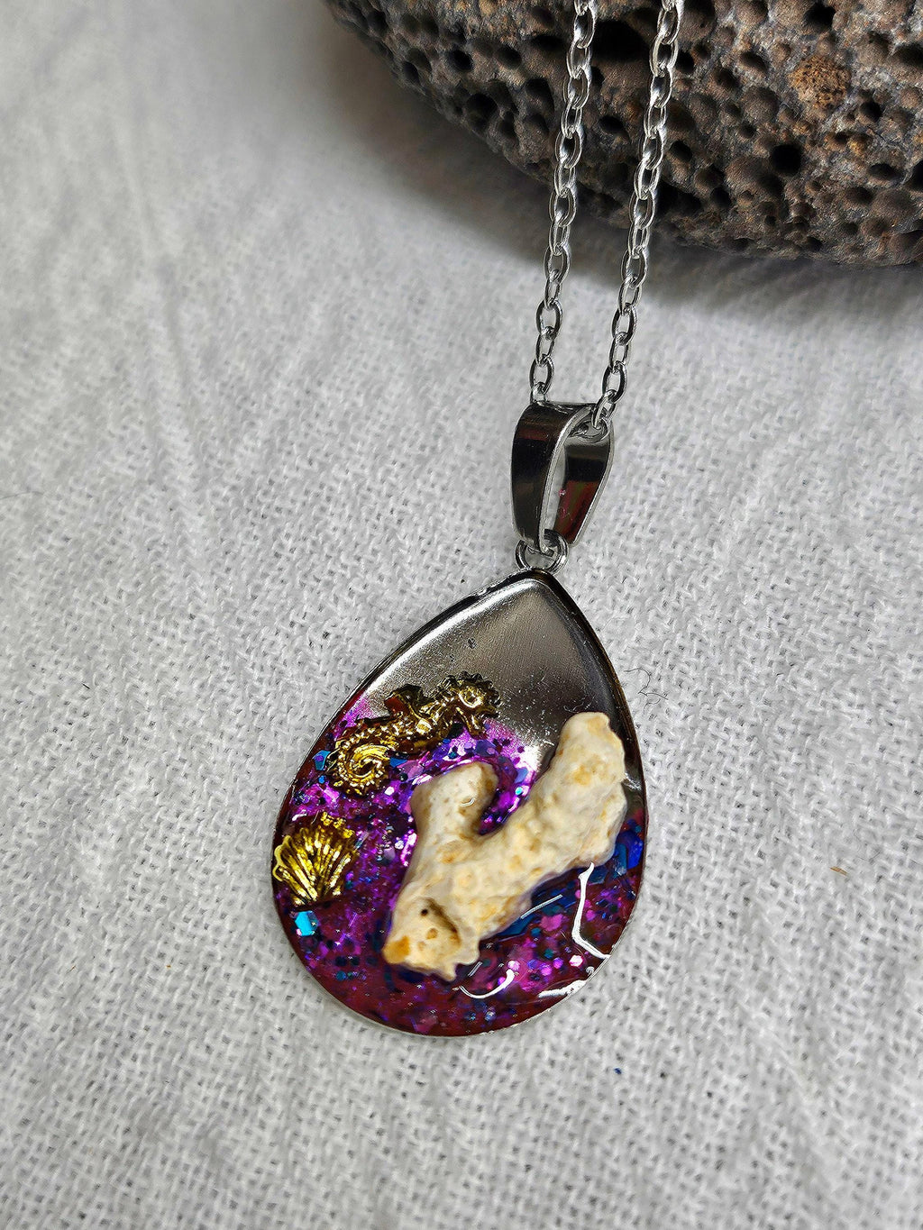 White Hawaiian Coral Pendant  Rustic Boho Handmade Jewelry Gift for Her  Unique Resin  Stainless Steel Accessory with Free Shipping