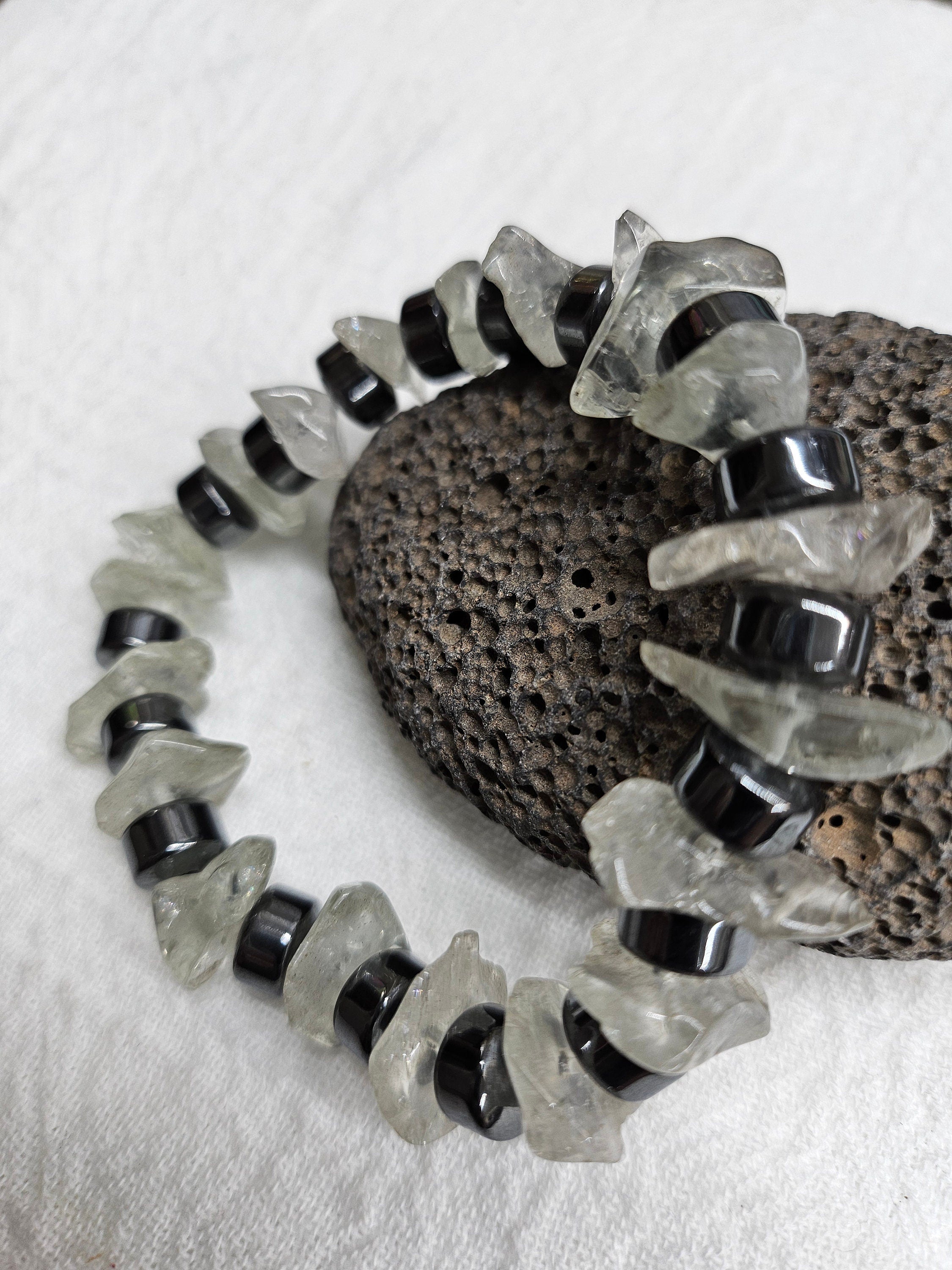 Natural Clear Agate  Hematite Stone Stretch Bracelet for Stylish Comfort Unique Individuality  Everyday Glam