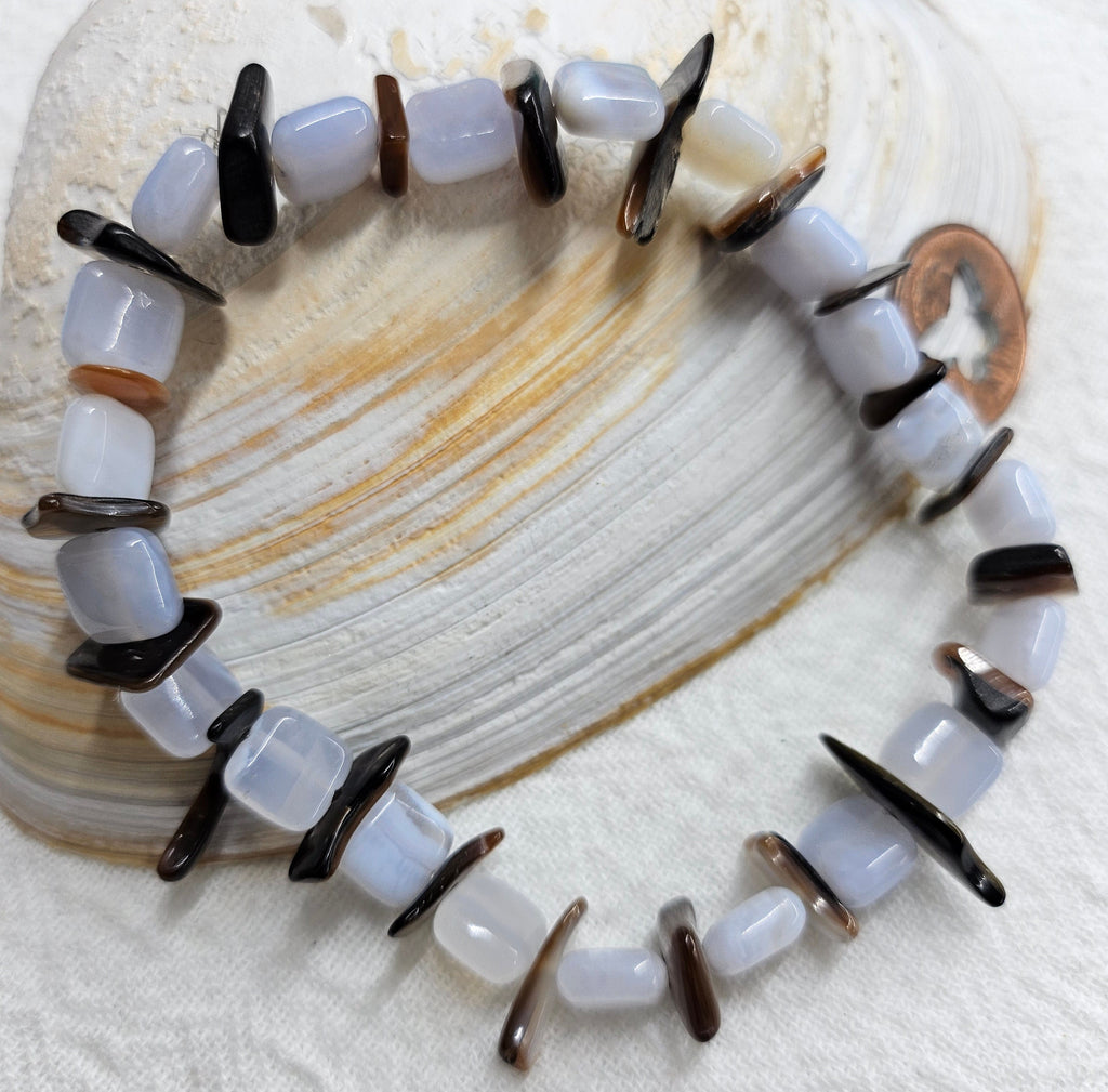 Blue Lace Agate  Abalone Shell Stretch Bracelet for Effortless Beachy Style
