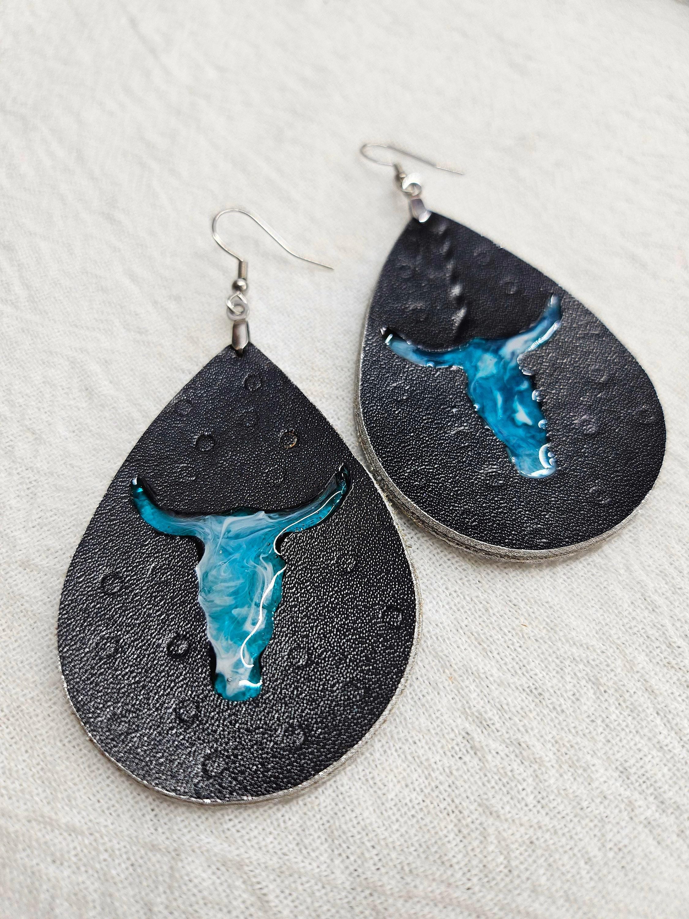 Leather Teardrop Bull Head Earrings - Rustic Boho Handmade Jewelry Gift for Her - Unique Statement Piece for Cowgirl Style  Everyday Wear