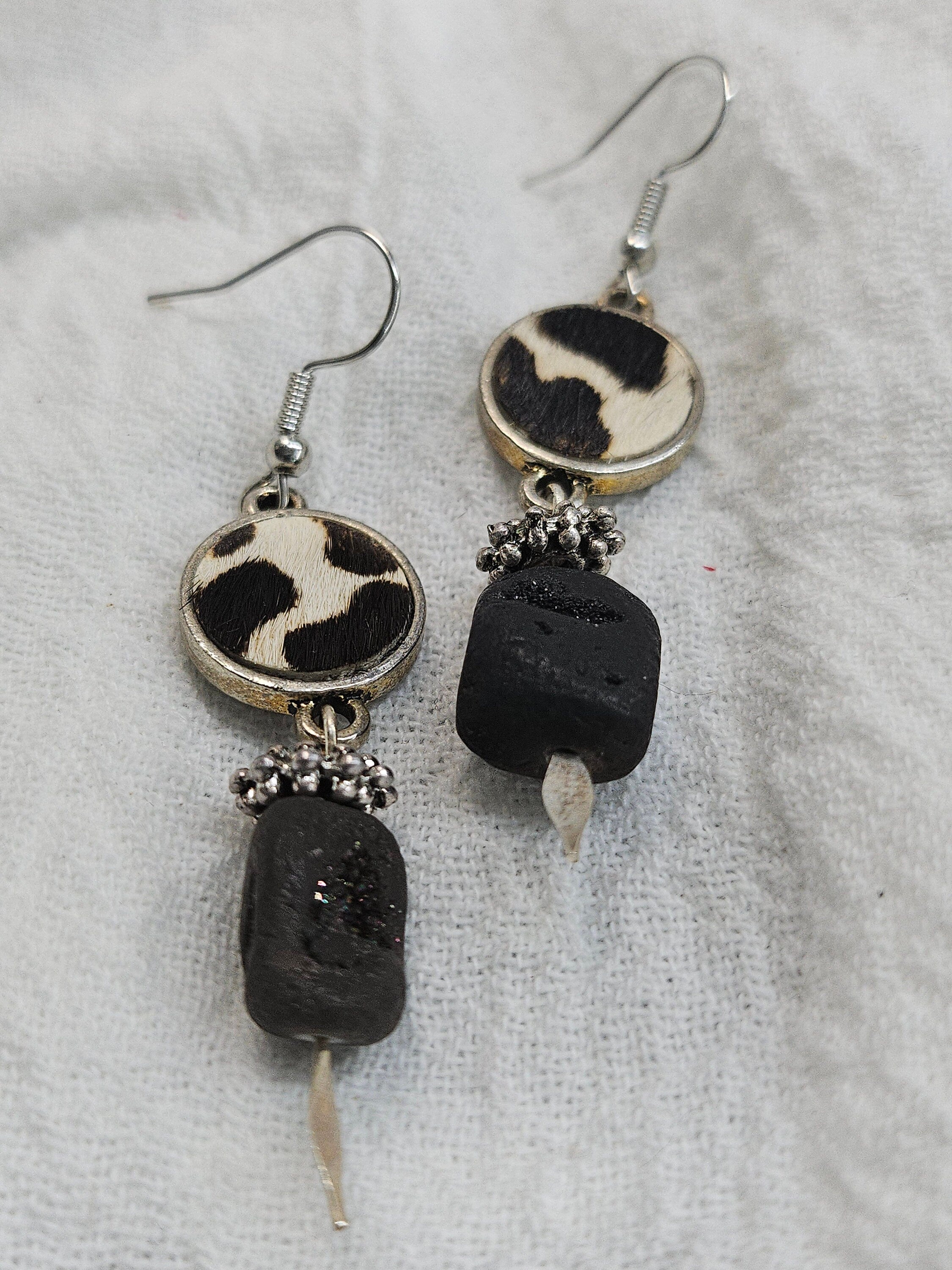 Handcrafted Leather Cow Print  Lava Stone Drop Earrings for Stylish Comfort  Unique Whimsical Accessory