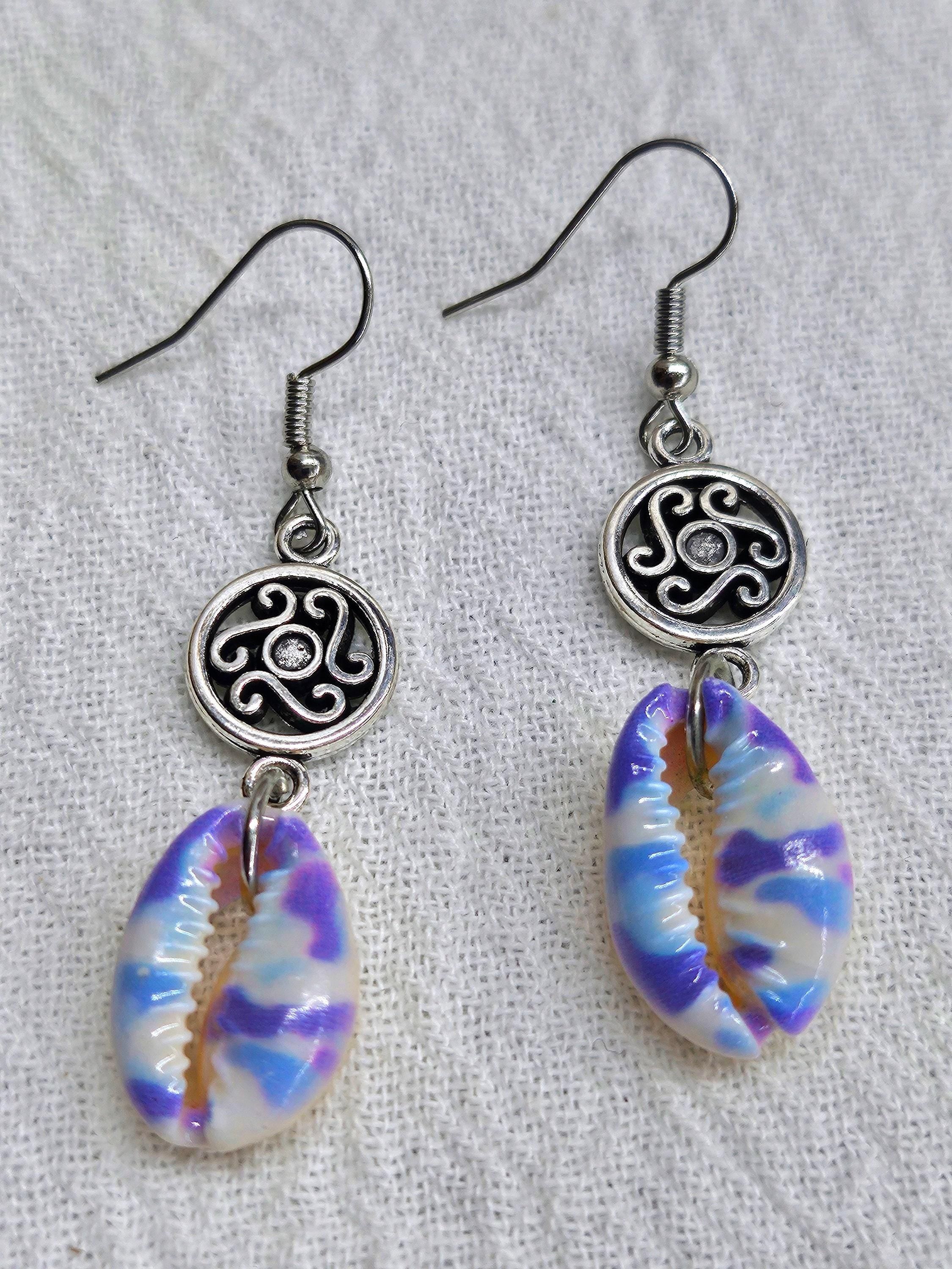 Handmade Painted Cowrie Shell  Charm Earrings  Rustic Boho Jewelry Gift for Her with Free Shipping  Unique Accessory for Beach Days