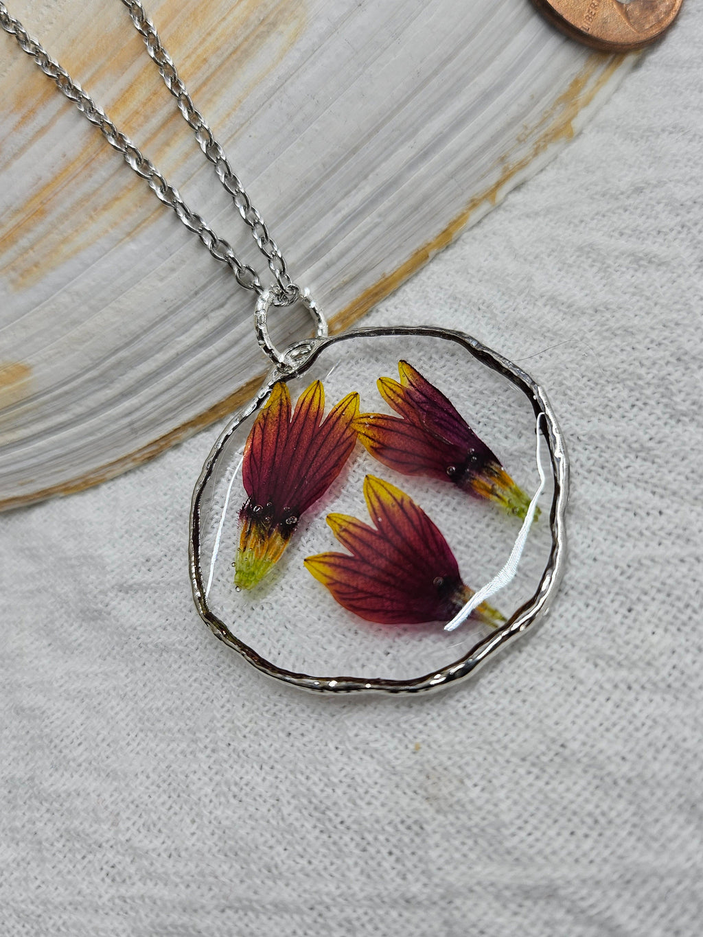 Dried Indian Blanket Flower Pendant Necklace on Durable Stainless Steel Chain - Nature-Inspired Floral Jewelry for Nature Lovers