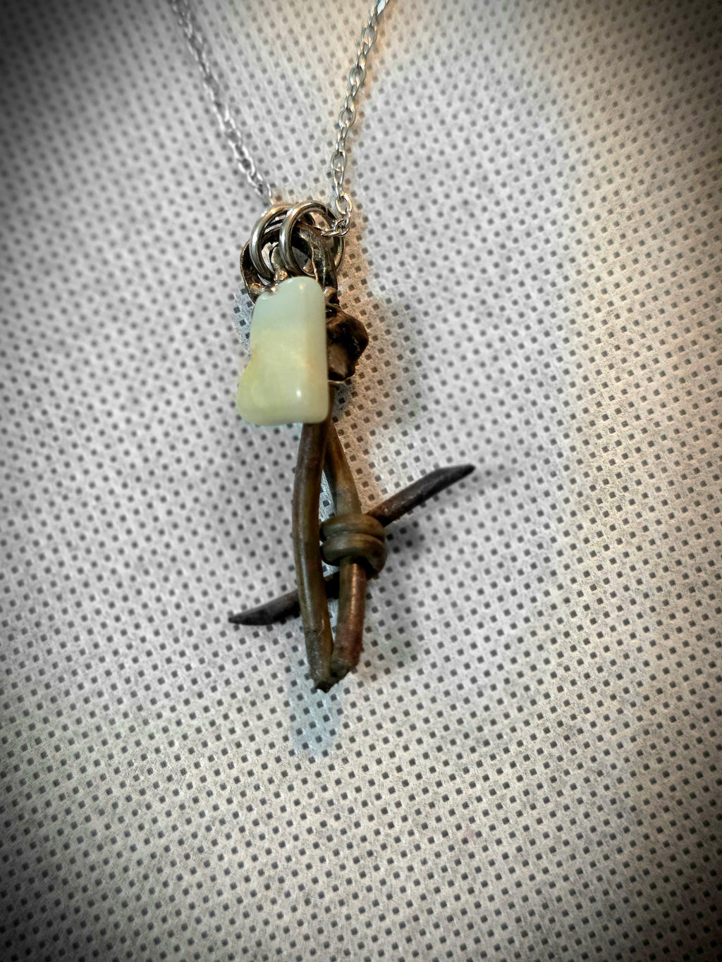 Handmade Barbed Wire Green Jade Pendant on Stainless Steel Chain - Unique Rustic Boho Jewelry for Gift or Personal Style