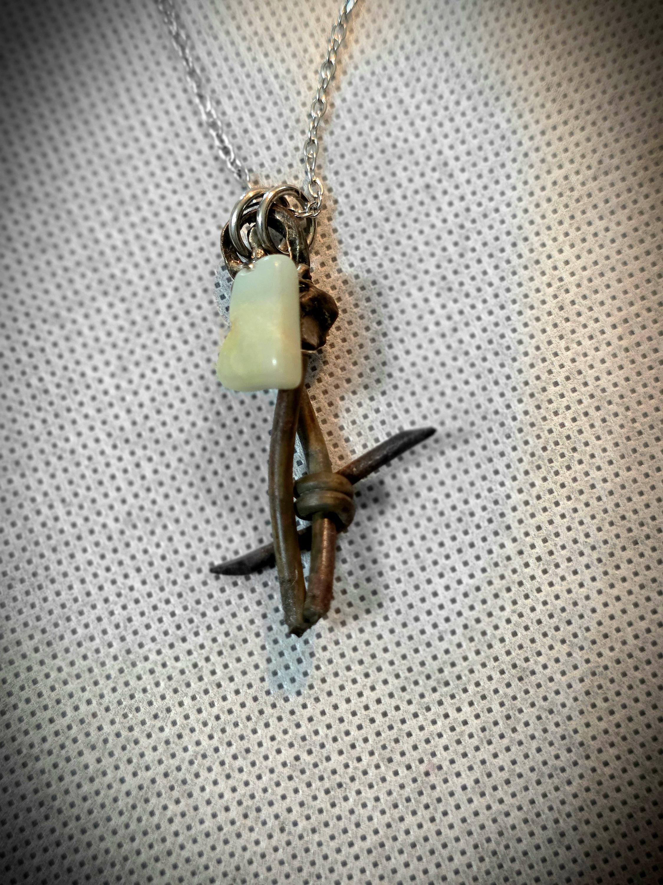 Handmade Barbed Wire Green Jade Pendant on Stainless Steel Chain - Unique Rustic Boho Jewelry for Gift or Personal Style