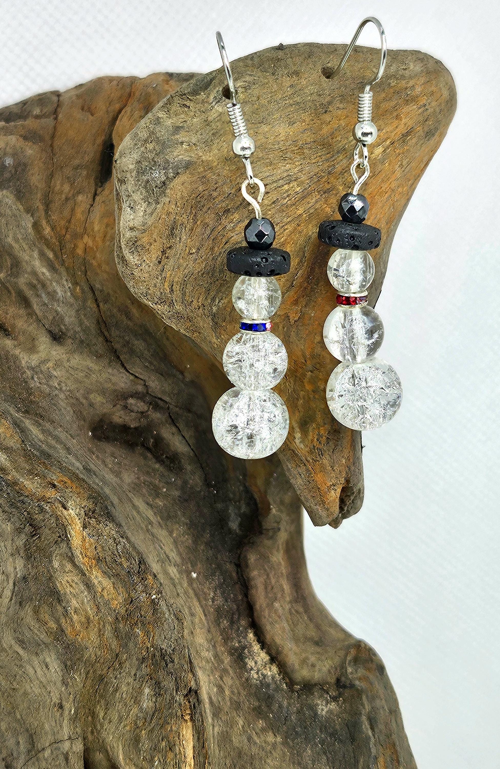 Clear Crackle Glass Earrings - Rustic Boho Handmade Jewelry Gift for Her - Unique Stainless Steel  Glass Design - Free Shipping