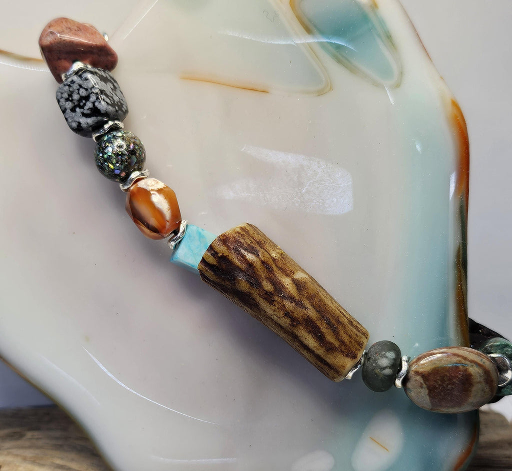 Multi-Gem Stone  Ceramic Deer Antler Bracelet Rustic Boho Handmade Jewelry Gift for Her Unique Nature-Inspired Accessory with Free Shipping