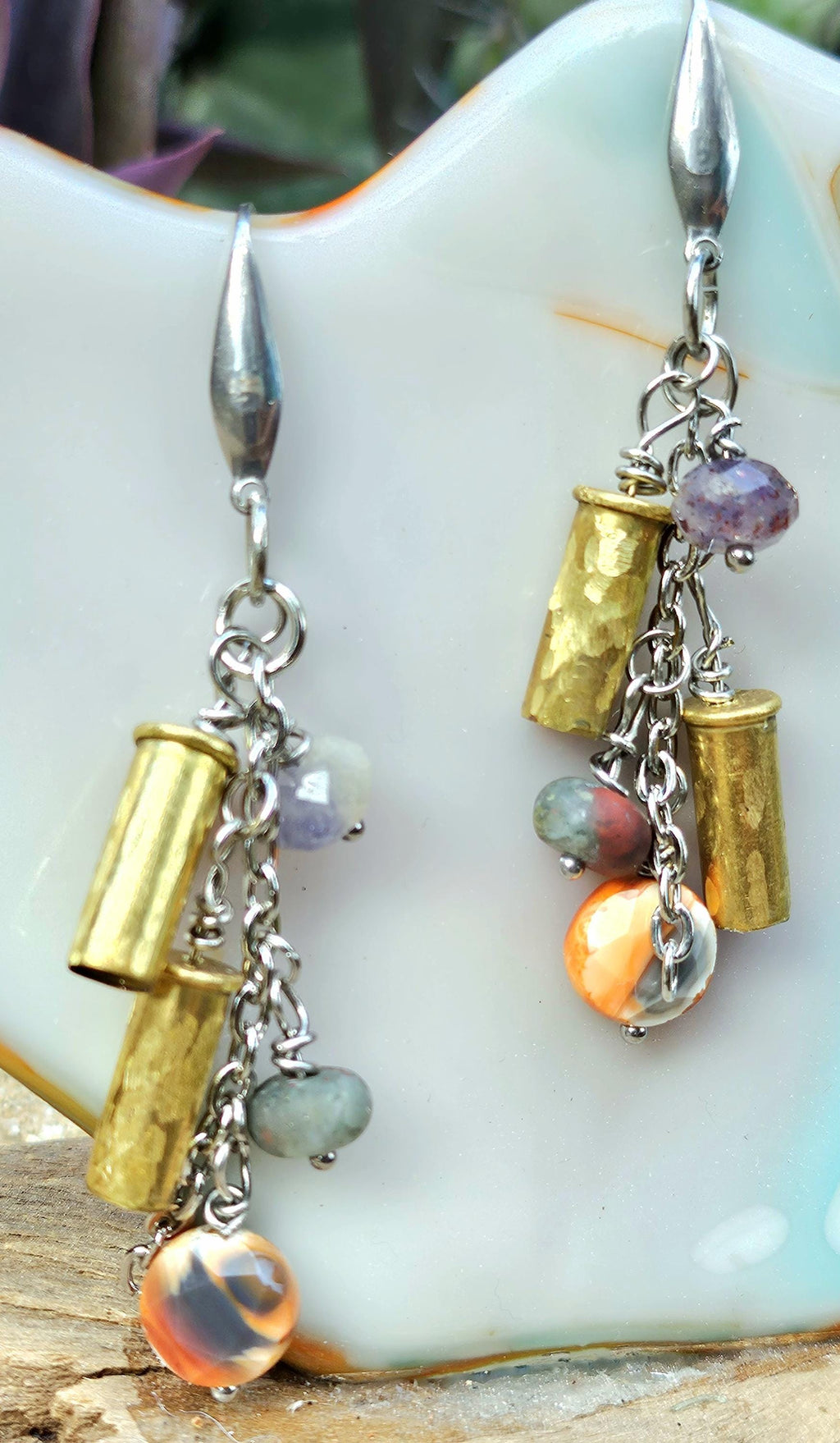 Hand Textured 22 Shell Earrings with Carnelian Amethyst  Bloodstone Beads on Stainless Steel Hooks  Unique Statement Jewelry