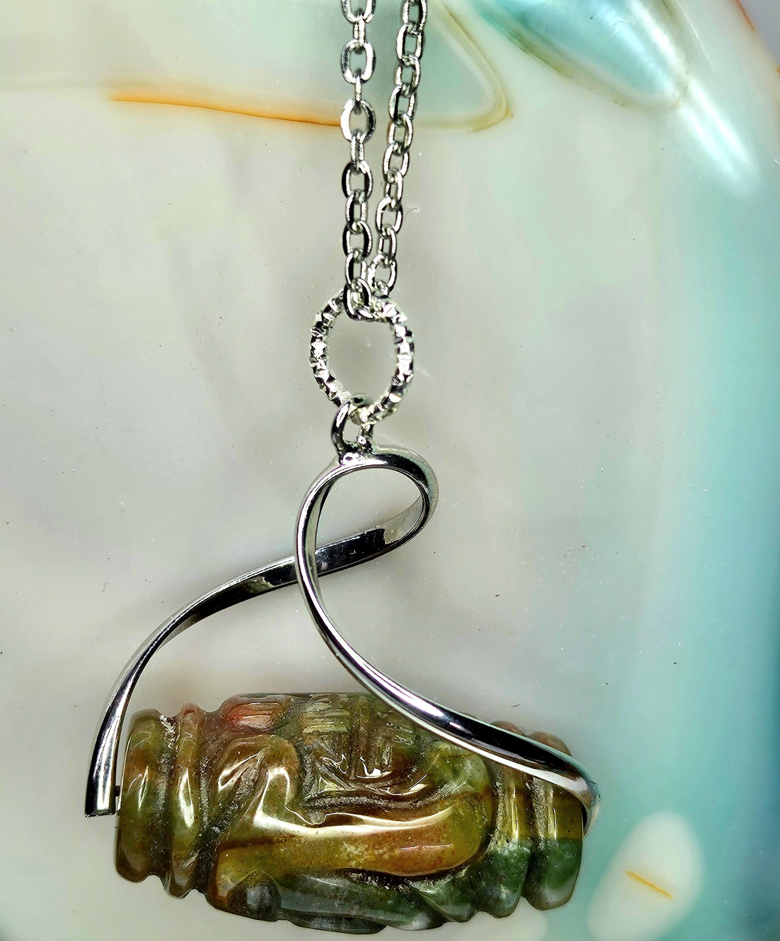 Handmade Carved Jadeite Stone Pendant - Rustic Boho Jewelry Gift for Her - Unique Nature-Inspired Design with Free Shipping