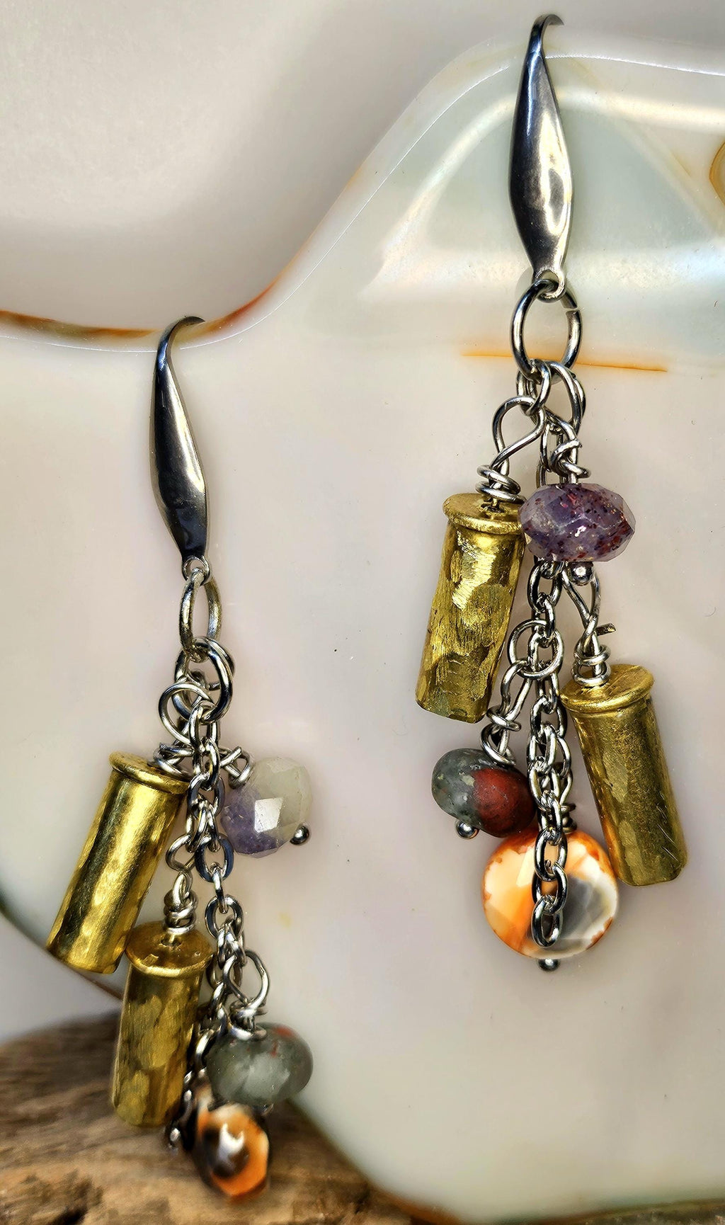 Hand Textured 22 Shell Earrings with Carnelian Amethyst  Bloodstone Beads on Stainless Steel Hooks  Unique Statement Jewelry