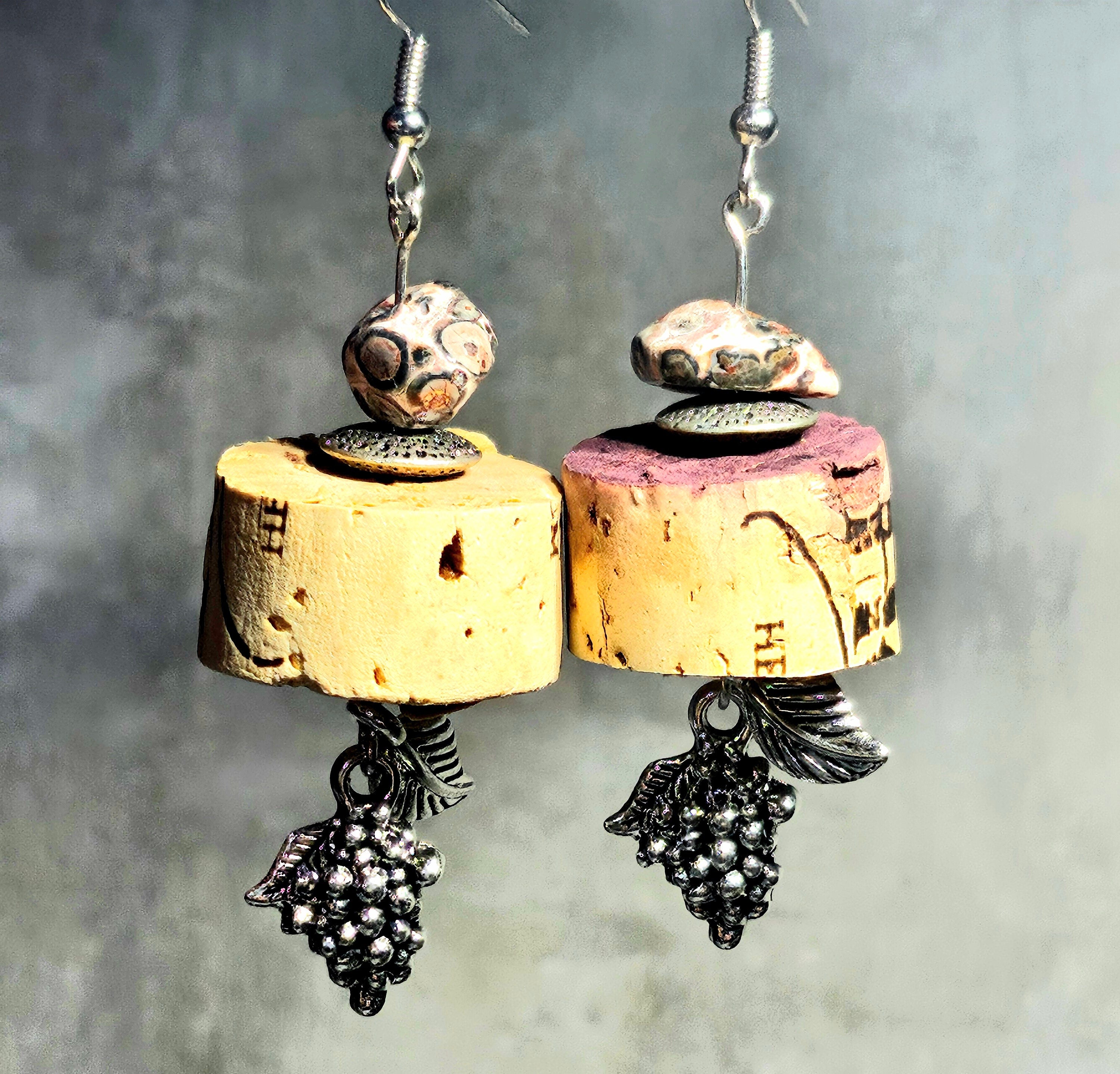 Leopard Skin Jasper  Cork Earrings with Stainless Steel Hooks - Lightweight Unique Nature-Inspired Jewelry for Stylish Adventures