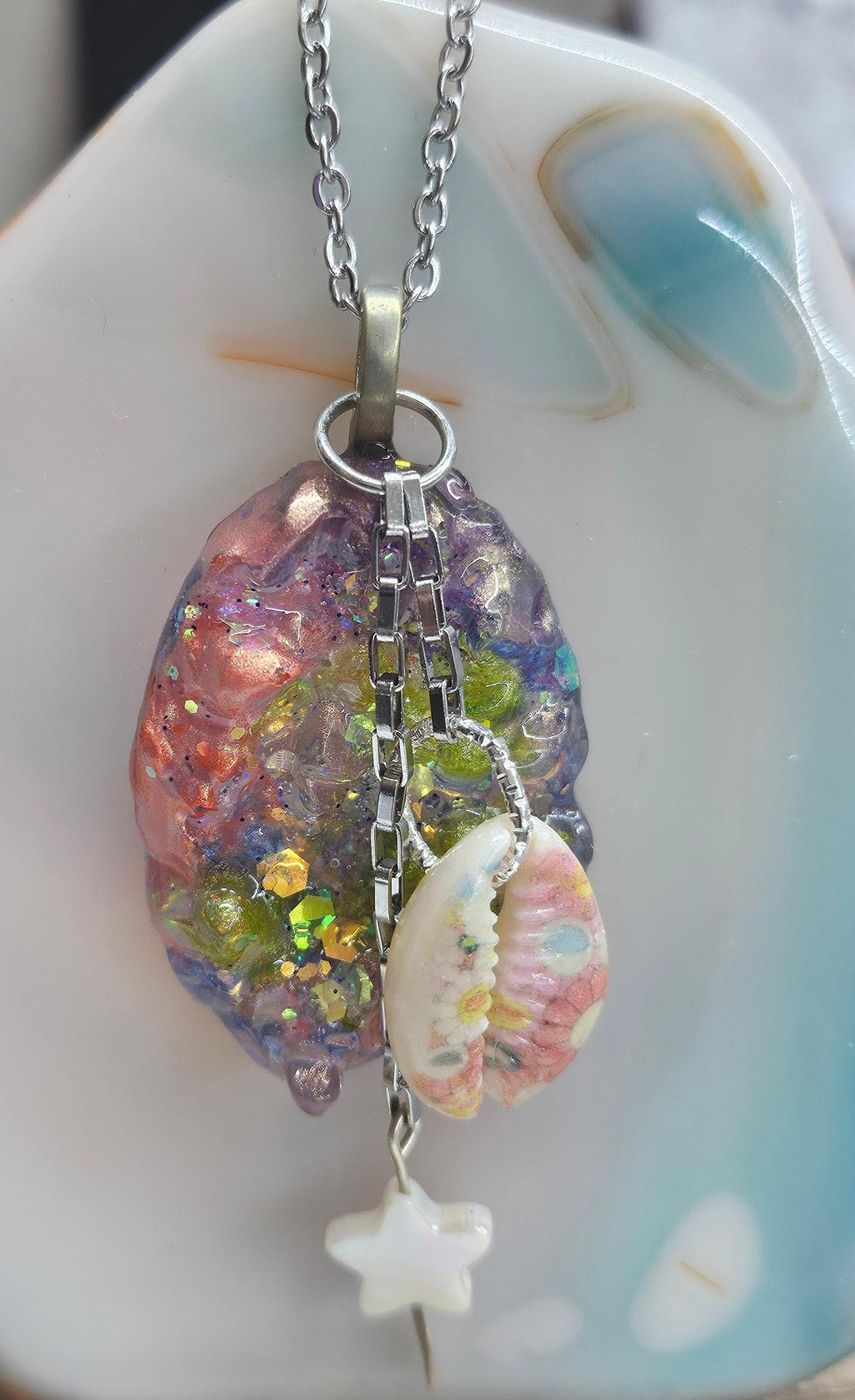 Mother of Pearl  Painted Cowrie Shell Pendant - Rustic Boho Handmade Jewelry Gift for Her - Free Shipping - Unique Statement Necklace