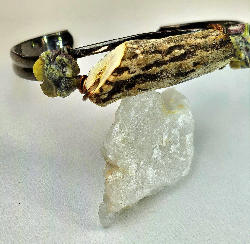 Natural Deer Antler  Flower Obsidian Cuff Bracelet for Rustic Boho Style Handmade Statement Jewelry FREE Shipping