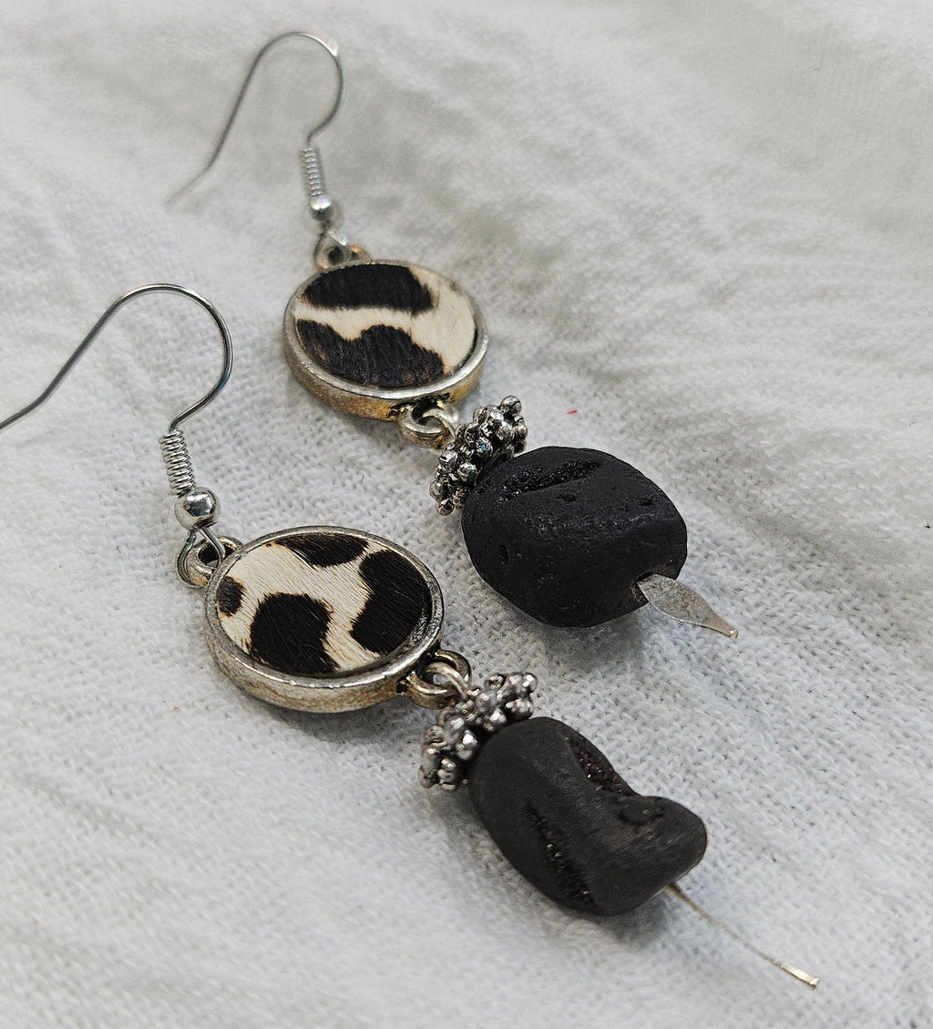 Handcrafted Leather Cow Print  Lava Stone Drop Earrings for Stylish Comfort  Unique Whimsical Accessory