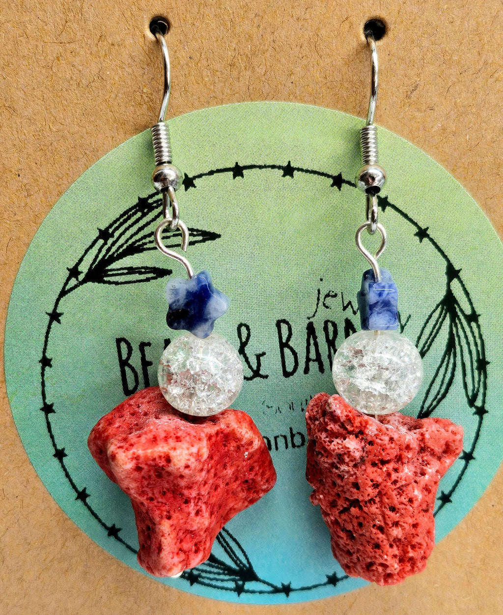 Natural Red Coral  Sodalite Drop Earrings - Handmade Rustic Boho Jewelry Gift for Her - Unique Statement Earrings with Free Shipping