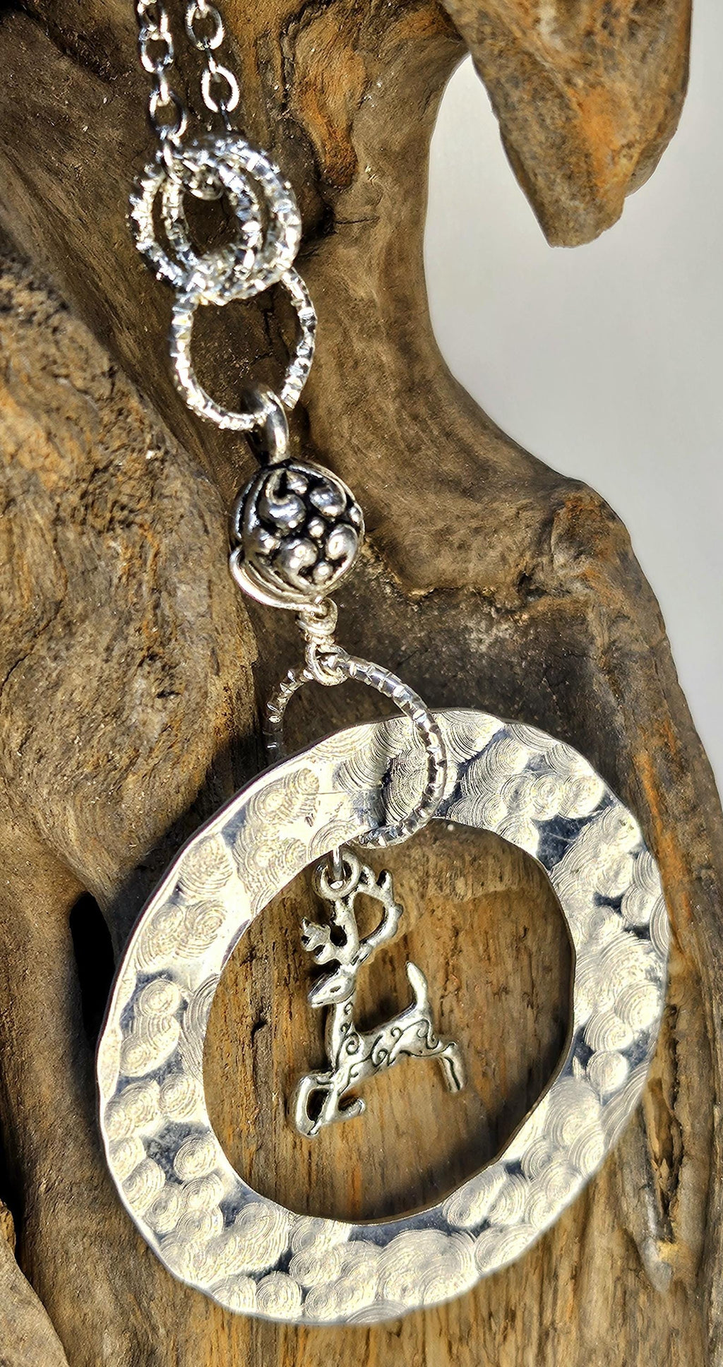 Hand Textured Rustic Boho Deer Charm Pendant Necklace  Unique Handmade Jewelry Gift for Her with Free Shipping  Woodland Goddess