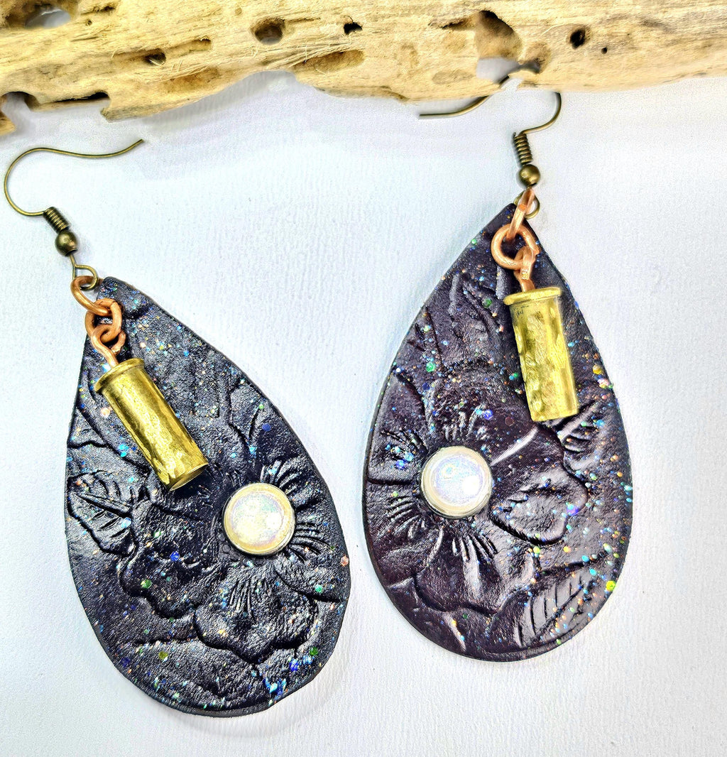 Embossed Leather Pearl Stud Earrings with 22 Bullet Brass Detail - Unique Fashion Statement for Bold Style