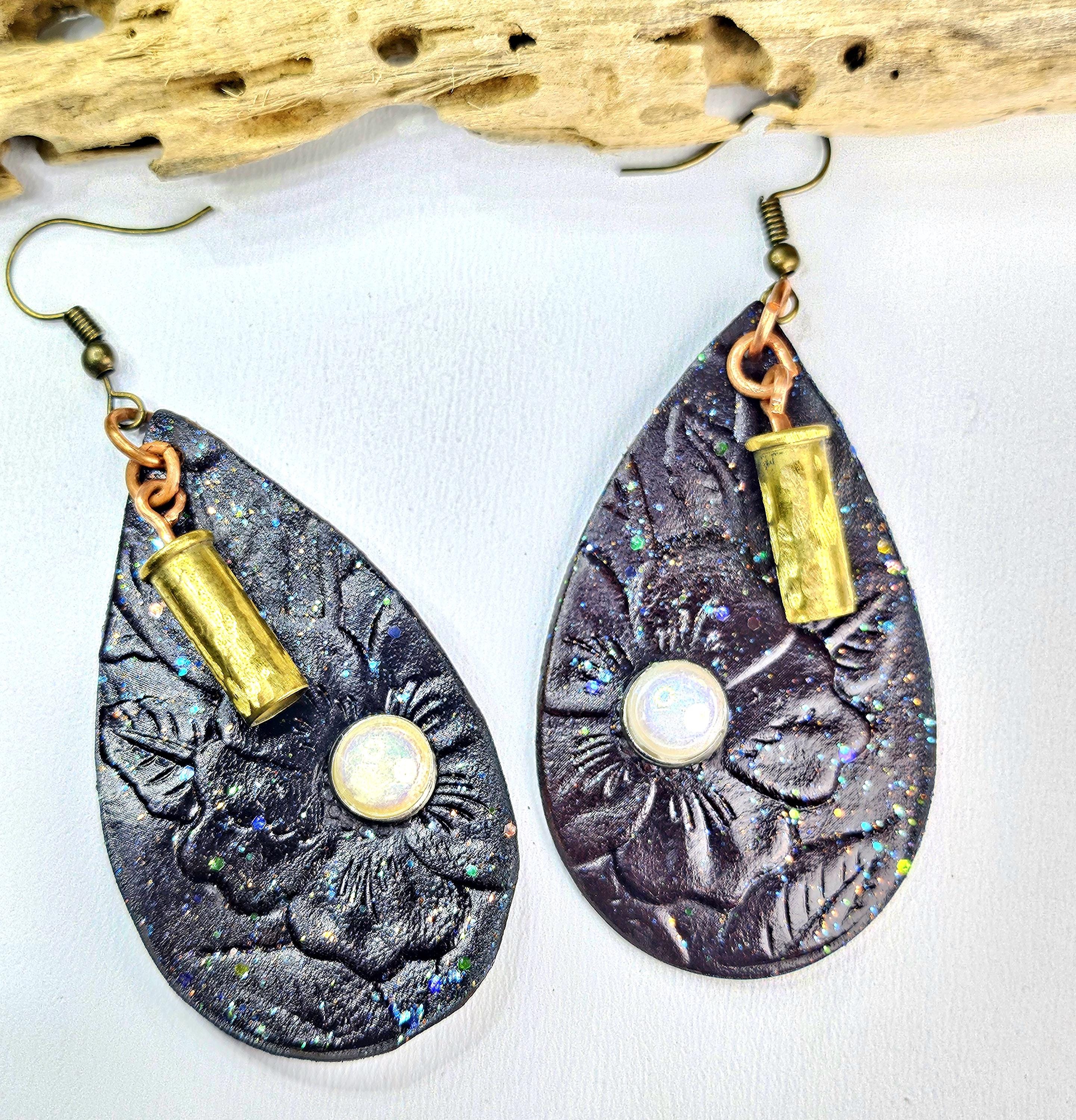 Embossed Leather Pearl Stud Earrings with 22 Bullet Brass Detail - Unique Fashion Statement for Bold Style