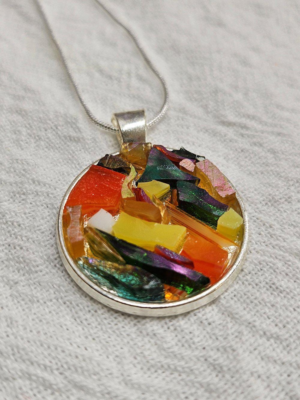 Dichroic Glass Mosaic Pendant Necklace - Rustic Boho Handmade Jewelry Gift for Her - Unique Statement Piece with FREE SHIPPING
