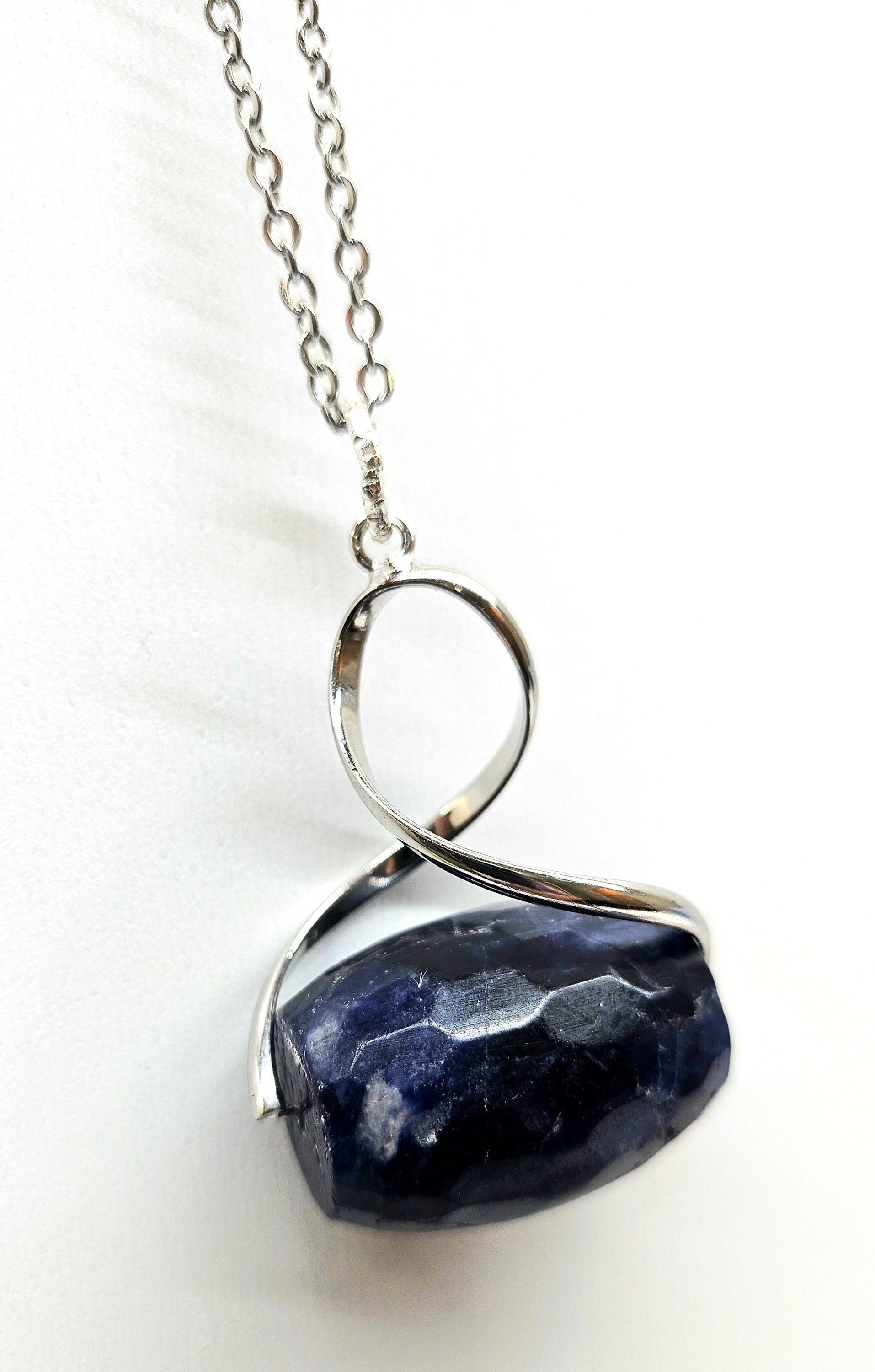 Lapis Lazuli Faceted Barrel Pendant Necklace on Durable Stainless Steel Chain for Courage Truth and Royal Blue Elegance in Gemstone Jewelry