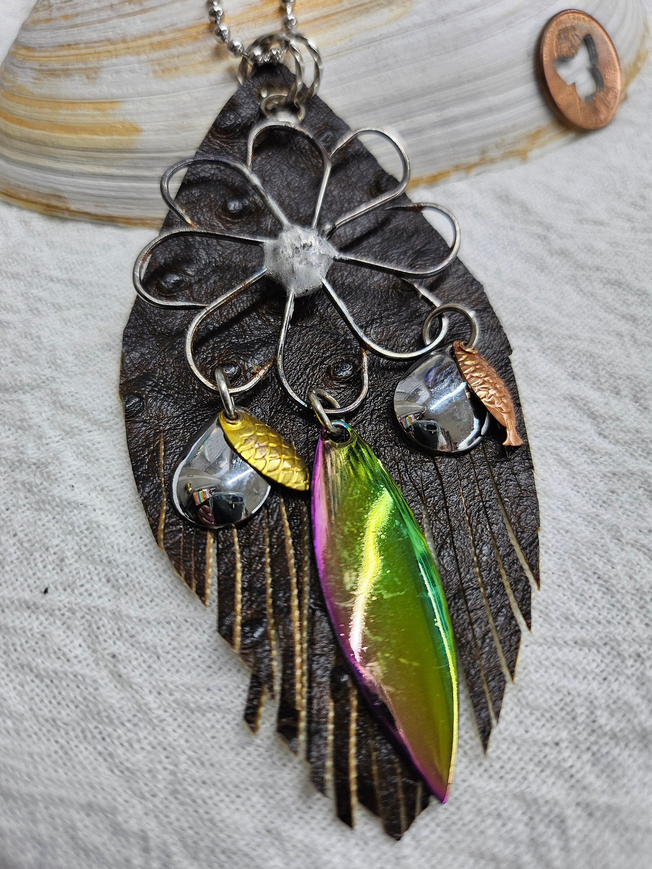 Fish Hook Leather Pendant Necklace on Stainless Steel Chain - Nautical Jewelry for Men  Women - Adventure-Inspired Accessory