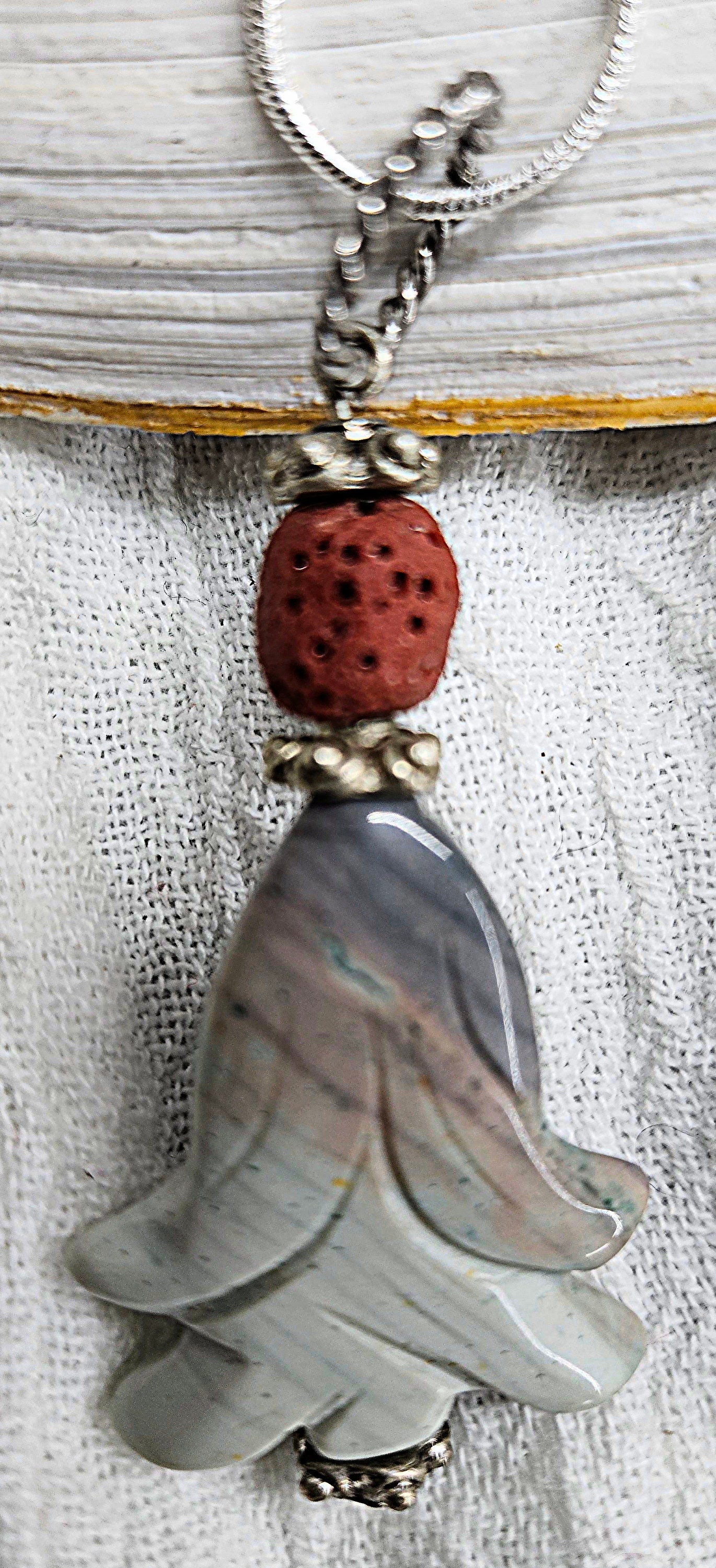 Ocean Jasper  Lava Stone Pendant Necklace on 16 Stainless Steel Chain - Beachy Earthy Jewelry for Everyday Wear Perfect Gift for Nature