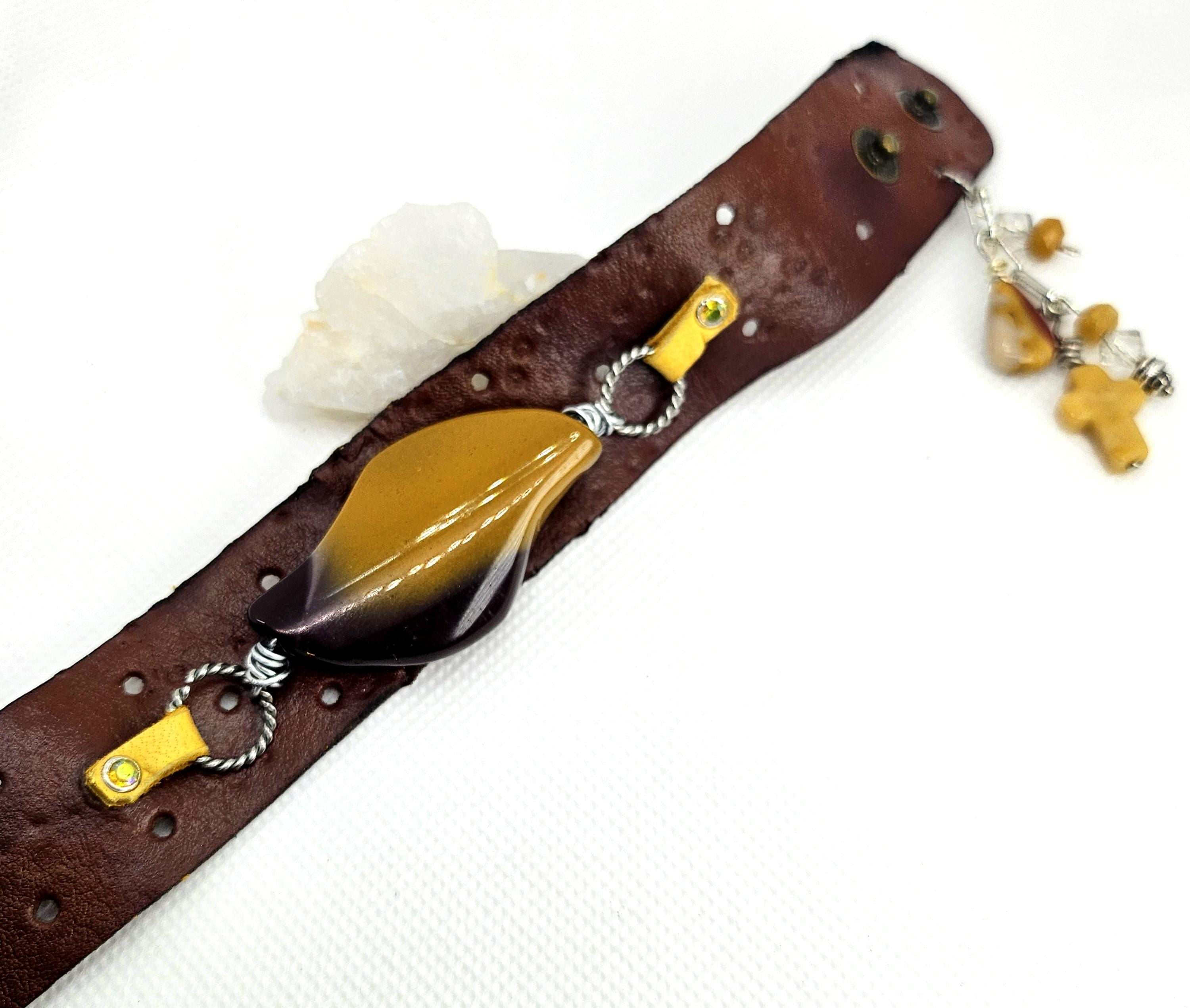 Handmade Mookite Leather Cuff Bracelet with Sparkling Rhinestone Studs and Convenient Button Closure