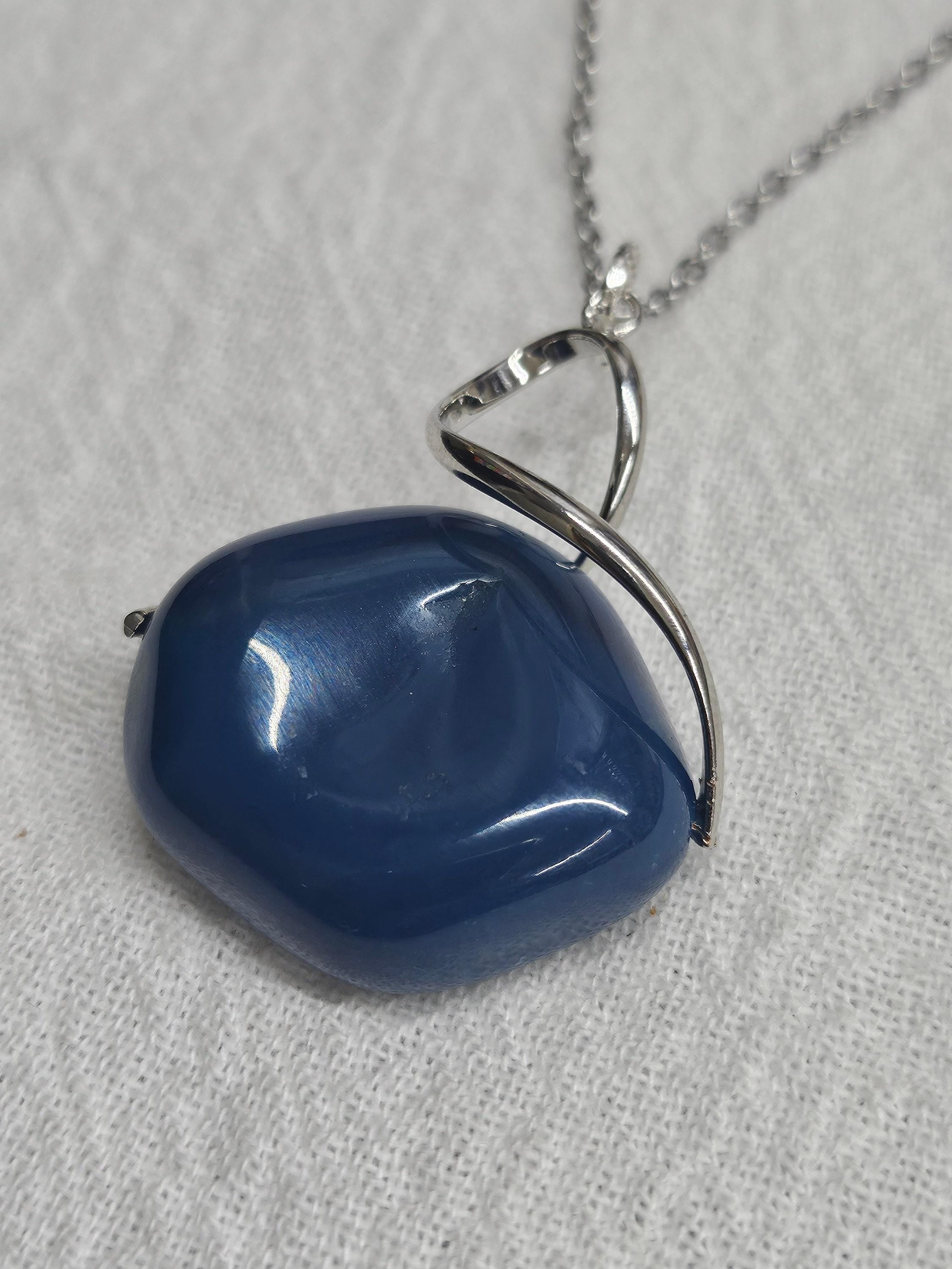 Handcrafted Blue Agate  Stainless Steel Pendant Necklace - Unique Rustic Boho Jewelry Gift for Her with FREE Shipping - One-of-a-Kind Design