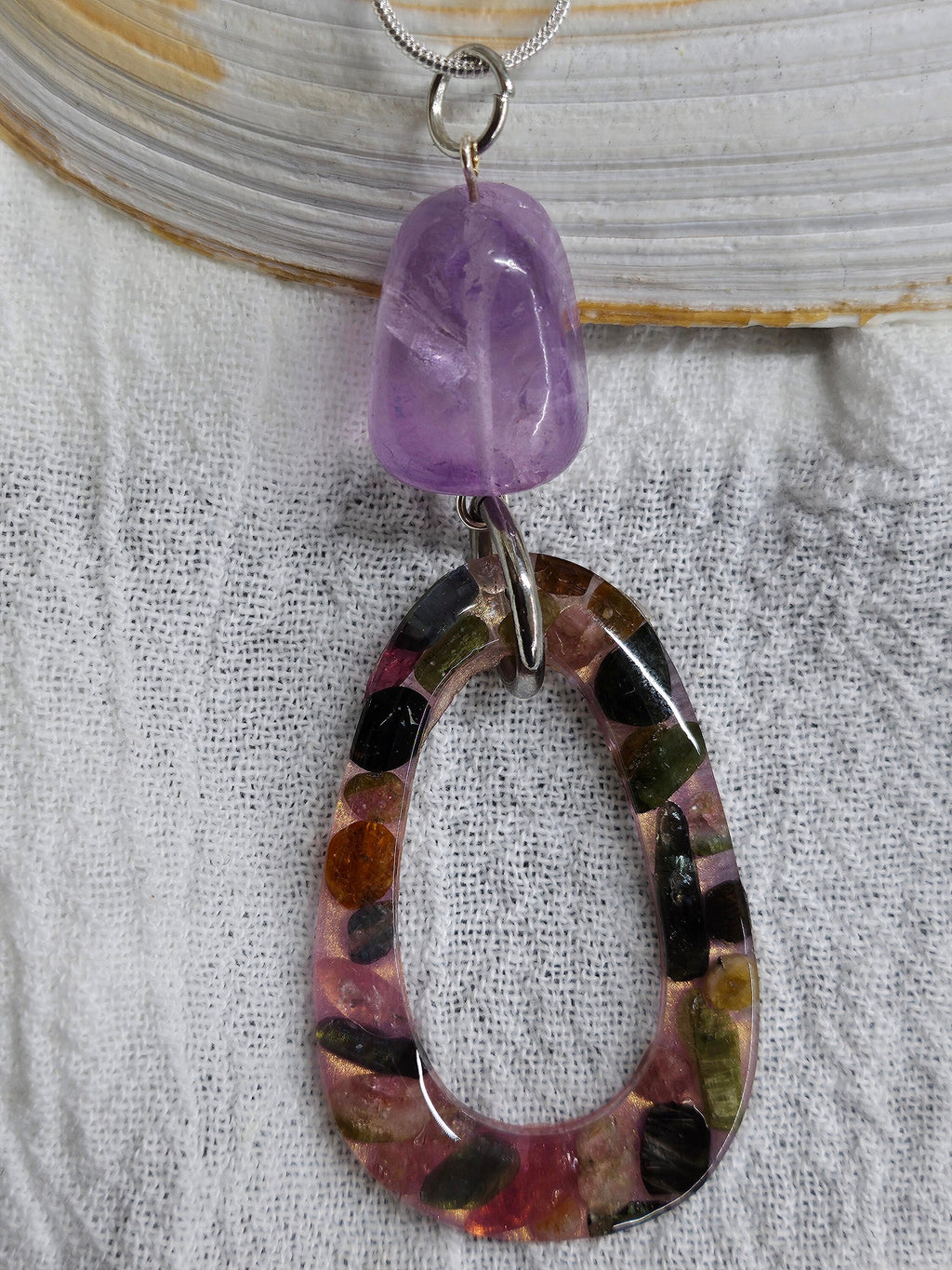Unique Tourmaline  Amethyst Nugget Pendant on Durable Stainless Steel Chain for Everyday Elegance and Style