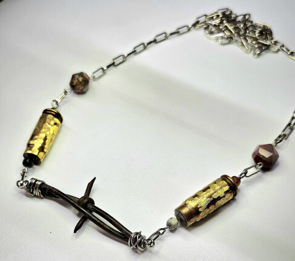 Barbed Wire  40mm Bullet Brass Pendant - Rustic Boho Handmade Jewelry Gift for Her - Unique Conversation Starter - Free Shipping