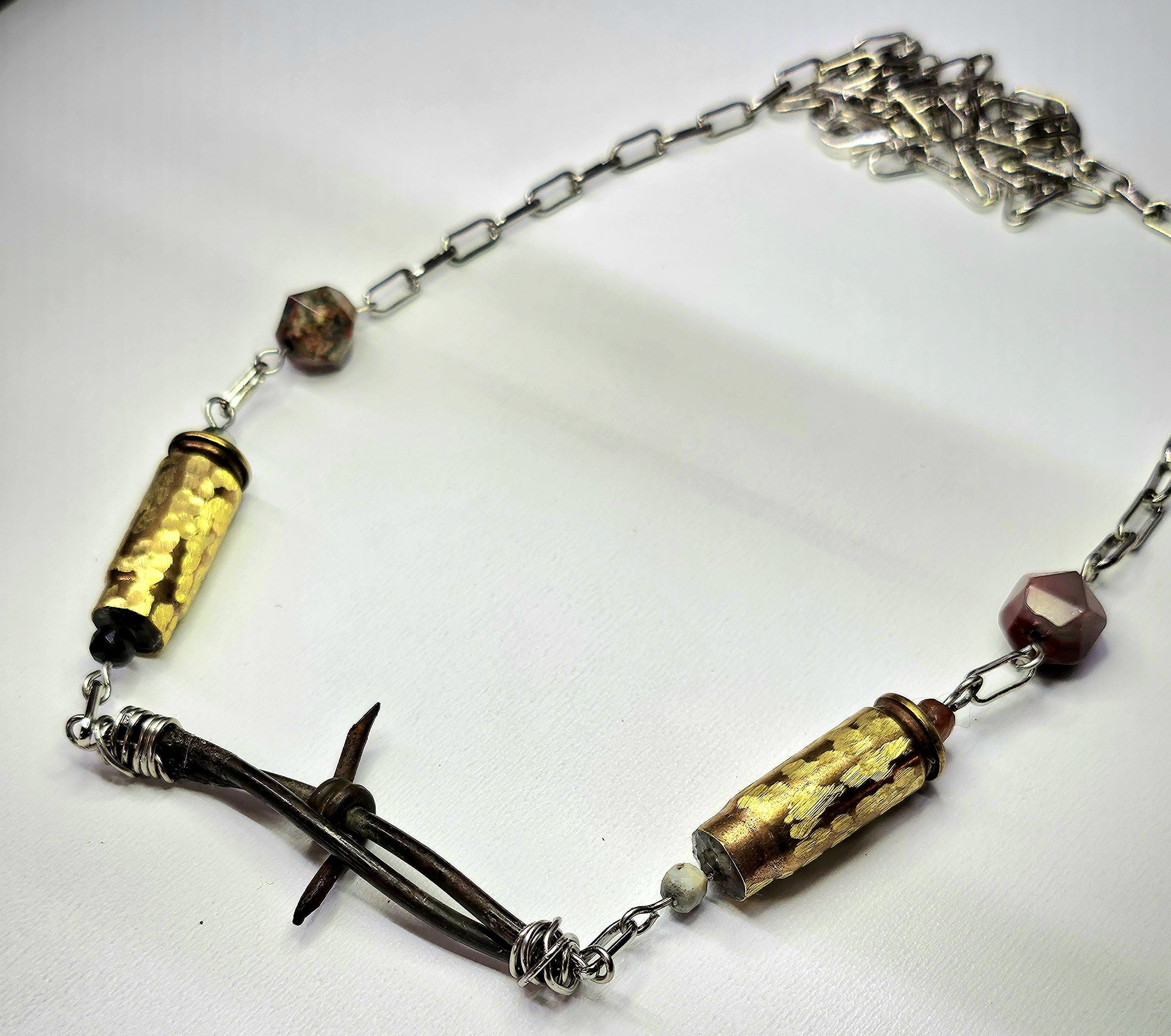 Barbed Wire  40mm Bullet Brass Pendant - Rustic Boho Handmade Jewelry Gift for Her - Unique Conversation Starter - Free Shipping