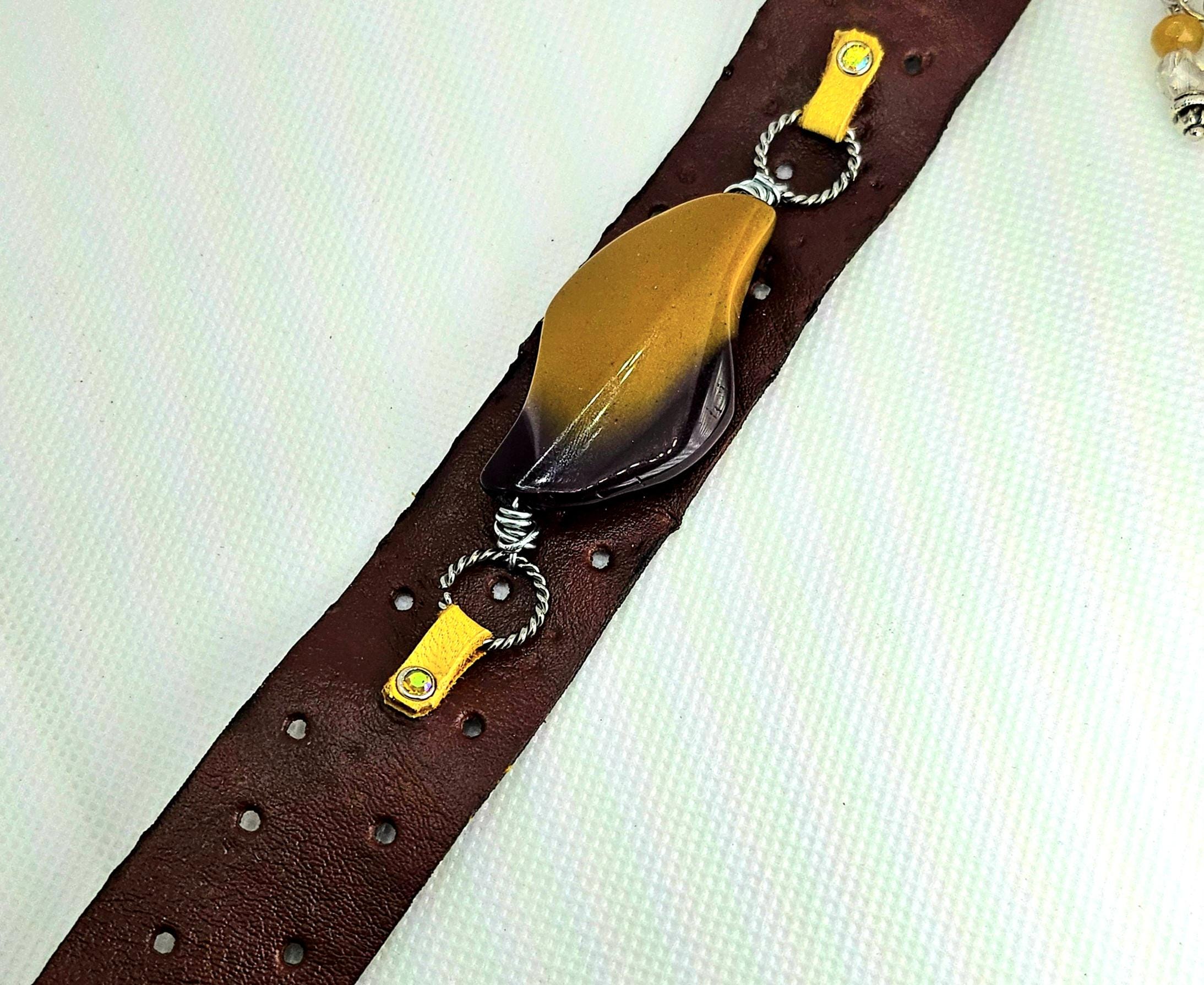 Handmade Mookite Leather Cuff Bracelet with Sparkling Rhinestone Studs and Convenient Button Closure