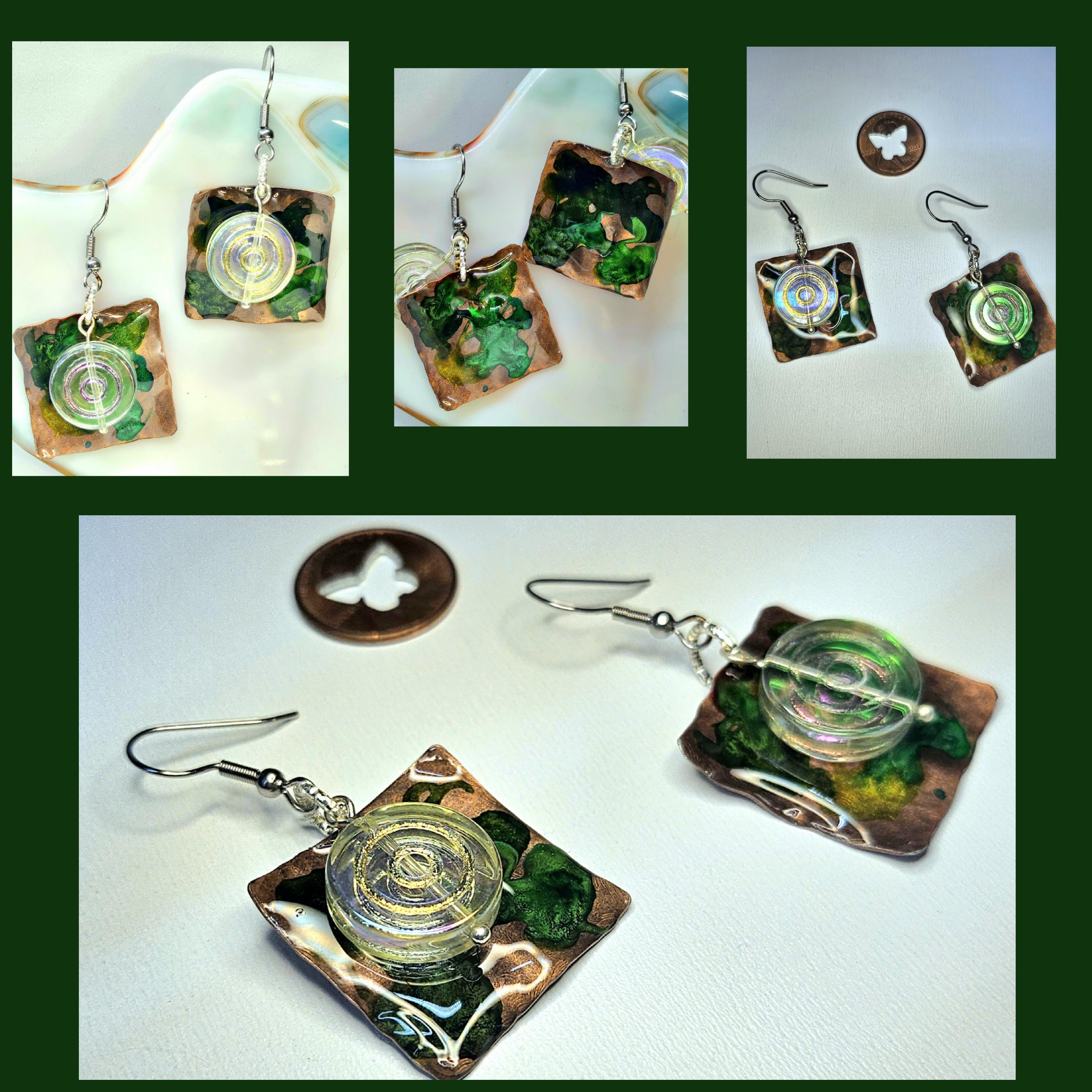 Hand Textured Copper  Czech Glass Rustic Boho Earrings Handmade Jewelry Gift for Her Free Shipping Unique Style 239