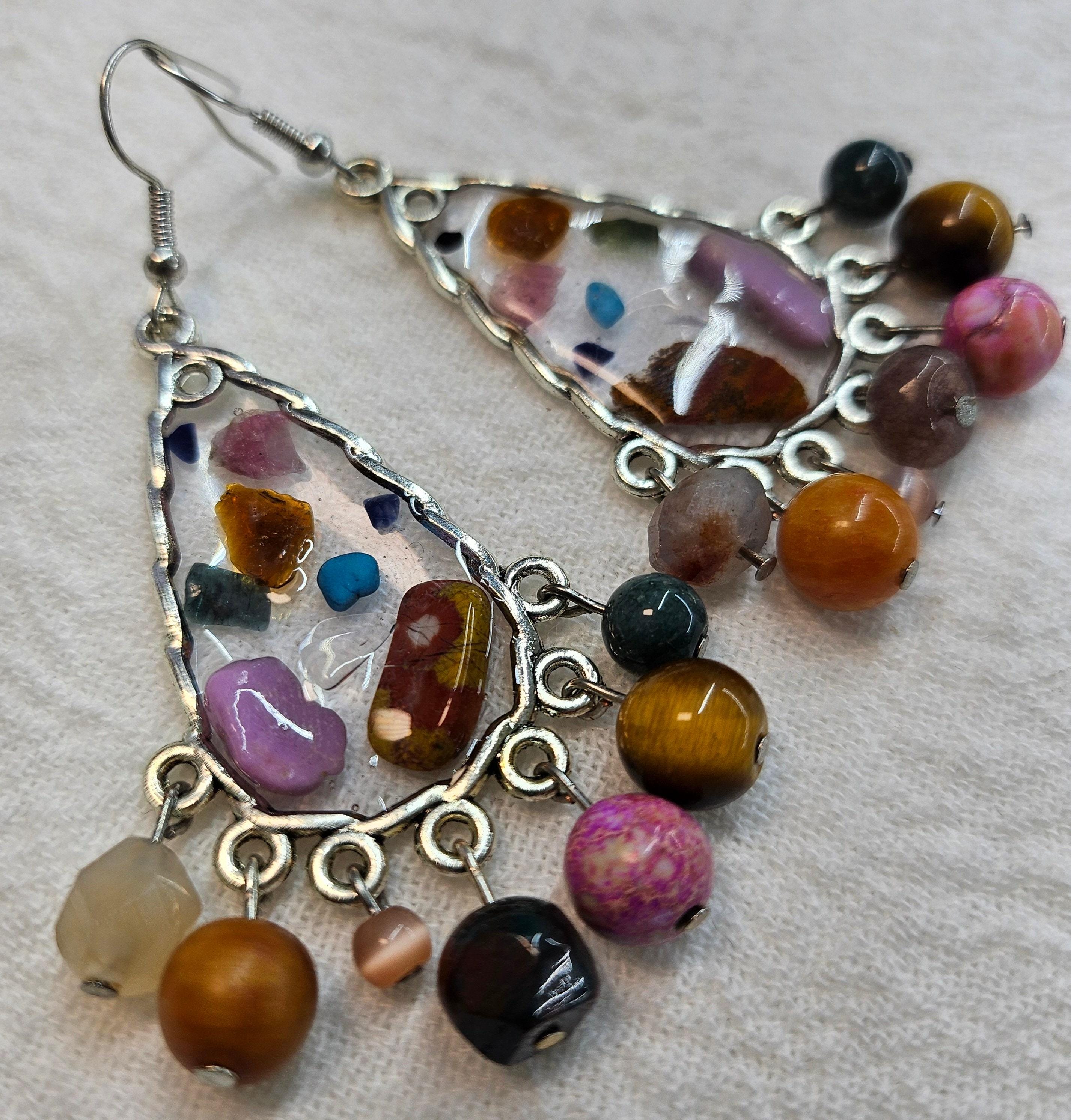 Mixed Stone Chandelier Earrings for Women  Rustic Boho Handmade Jewelry Gift with Free Shipping  Unique Statement Accessory 299