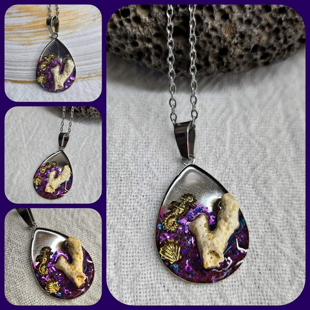 White Hawaiian Coral Pendant  Rustic Boho Handmade Jewelry Gift for Her  Unique Resin  Stainless Steel Accessory with Free Shipping