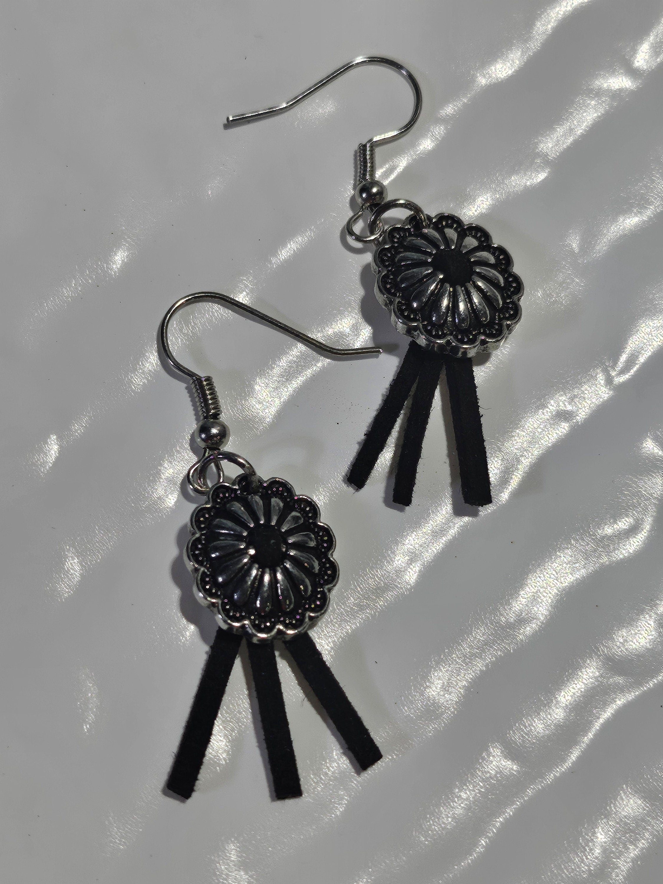 1-Inch Black Leather Concho Earrings with Stainless Steel Hooks for Trendy Style  All-Day Comfort