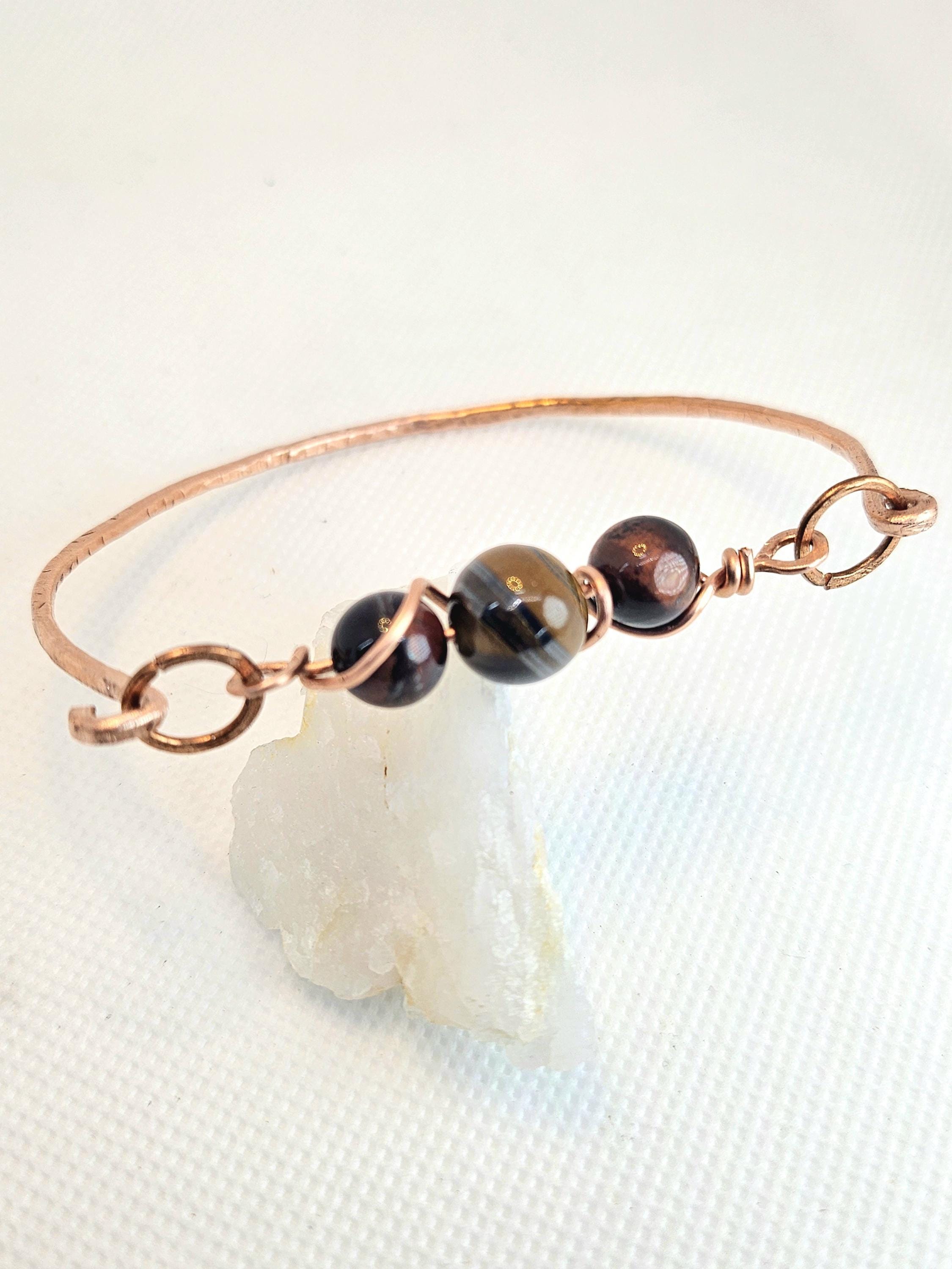 Textured Copper Bangle Bracelet with Red Tiger Eye Stone  Handcrafted Rustic Boho Jewelry  Unique Accessory for Everyday Wear  Gifts