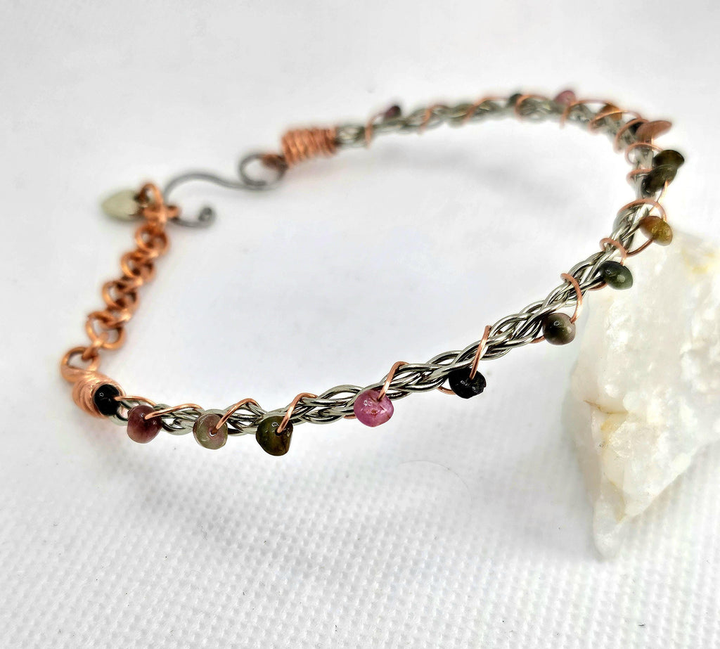 Handmade Tourmaline  Copper Stone Bangle Bracelet - Unique Rustic Boho Jewelry Gift for Her - FREE SHIPPING Rainbow Accessory