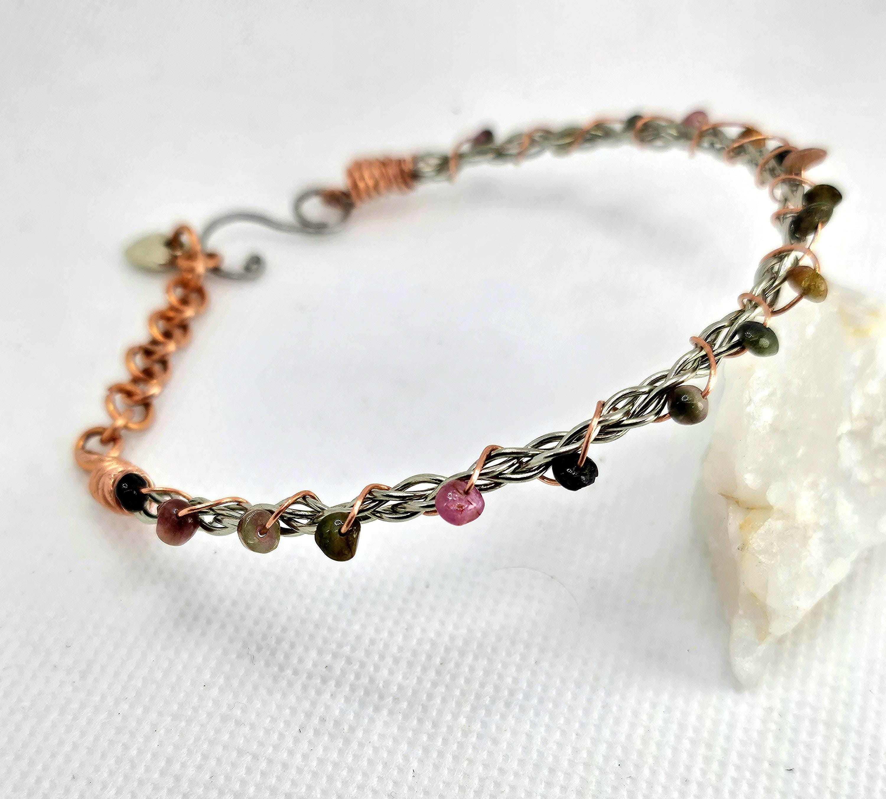 Handmade Tourmaline  Copper Stone Bangle Bracelet - Unique Rustic Boho Jewelry Gift for Her - FREE SHIPPING Rainbow Accessory