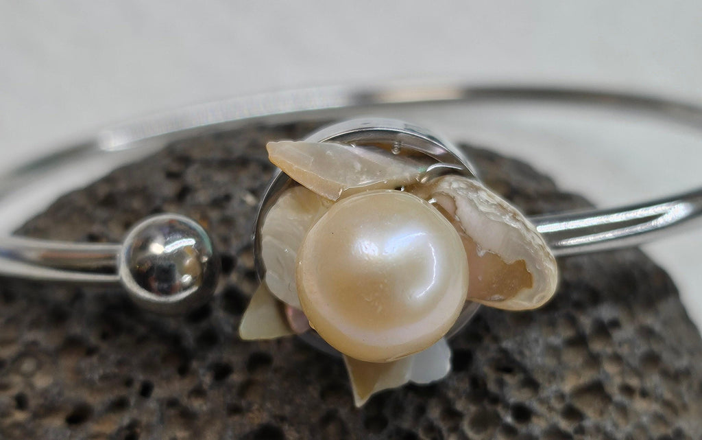 Fresh Water Pearl Bangle Bracelet Rustic Boho Handmade Jewelry Gift for Her Unique Steel  Glass Design FREE Shipping Included