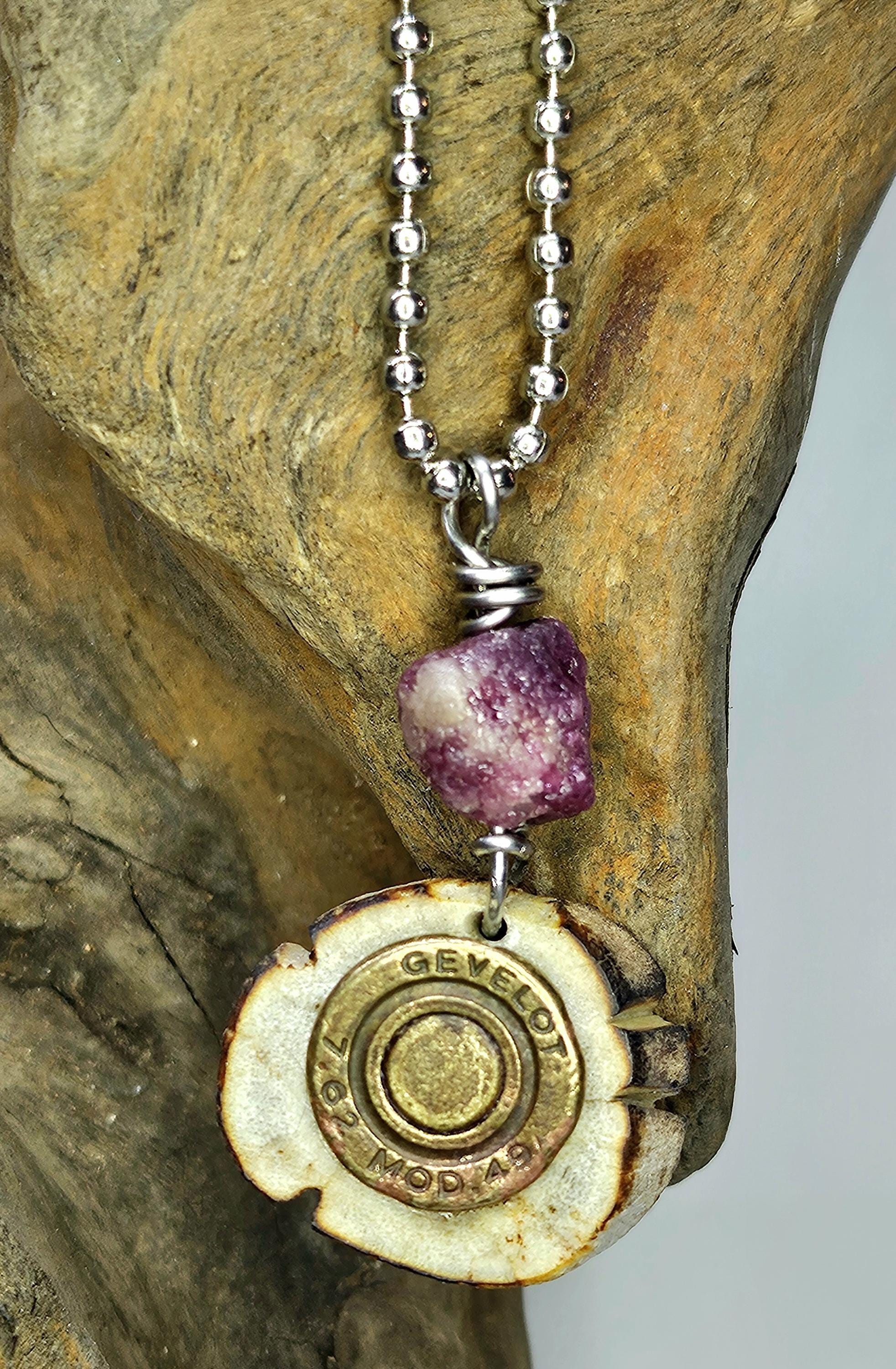 Deer Antler Slice Pendant with Bullet Brass  Pink Tourmaline Rustic Boho Handmade Jewelry Gift for Her Free Shipping