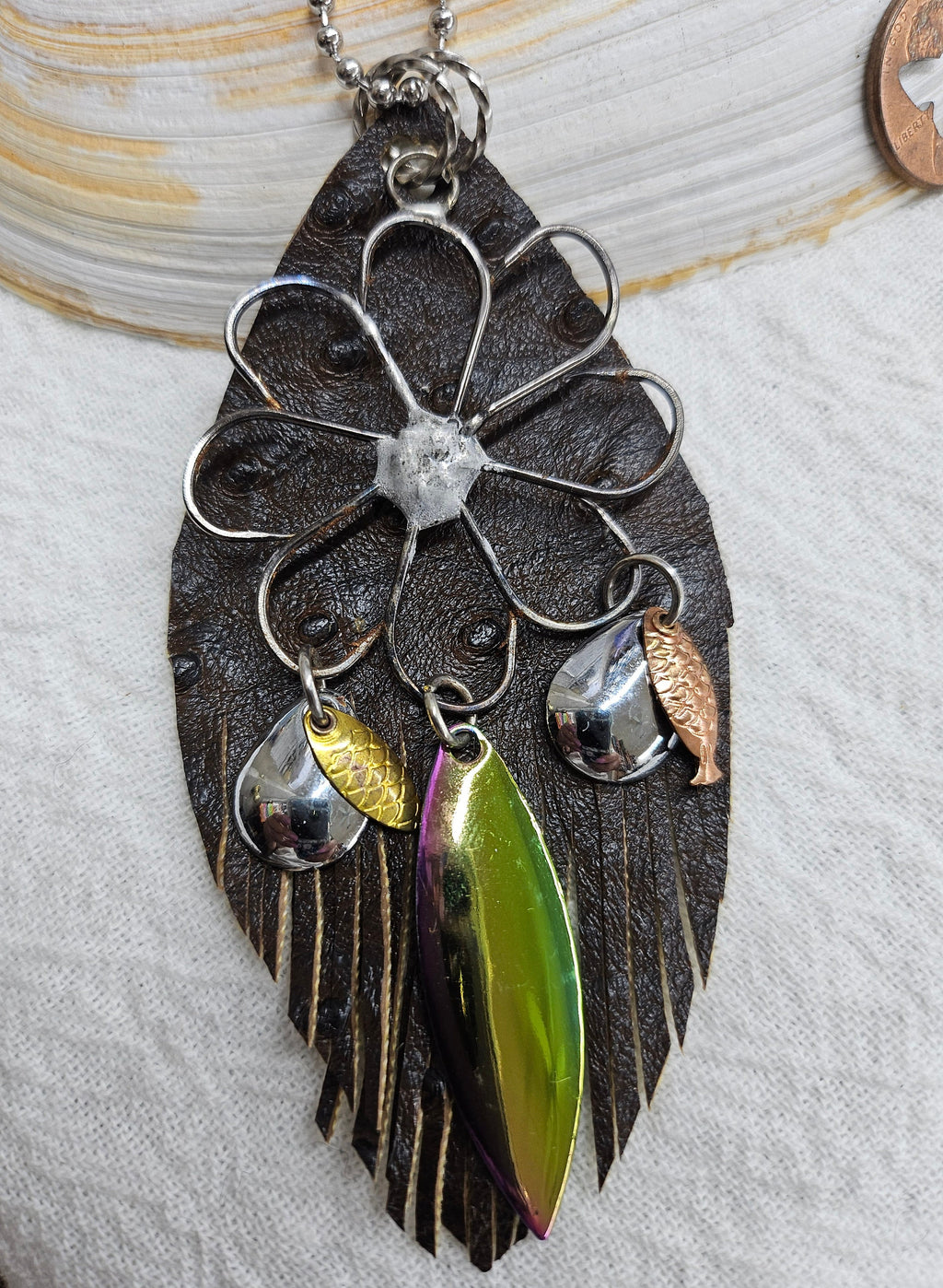 Fish Hook Leather Pendant Necklace on Stainless Steel Chain - Nautical Jewelry for Men  Women - Adventure-Inspired Accessory